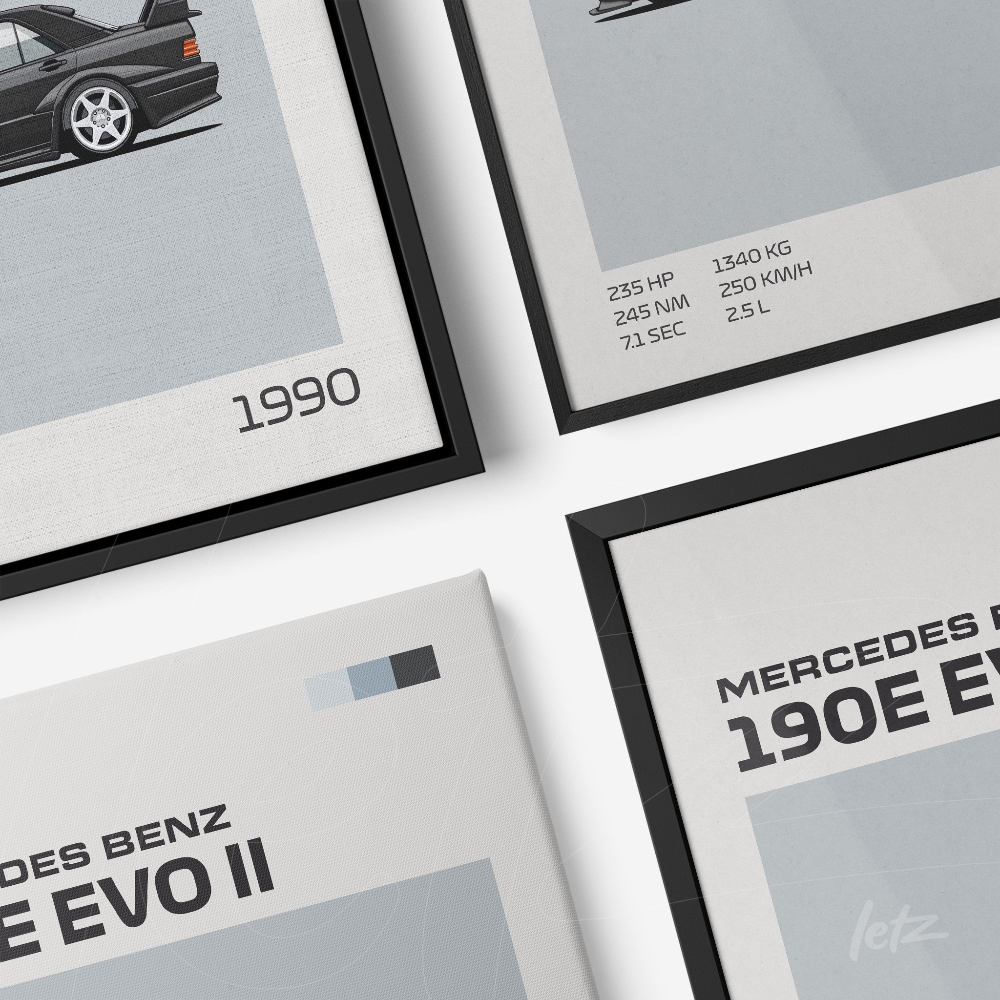 collection of framed artwork featuring the Mercedes-Benz 190E Evo II with technical details on a light background in black and white frames