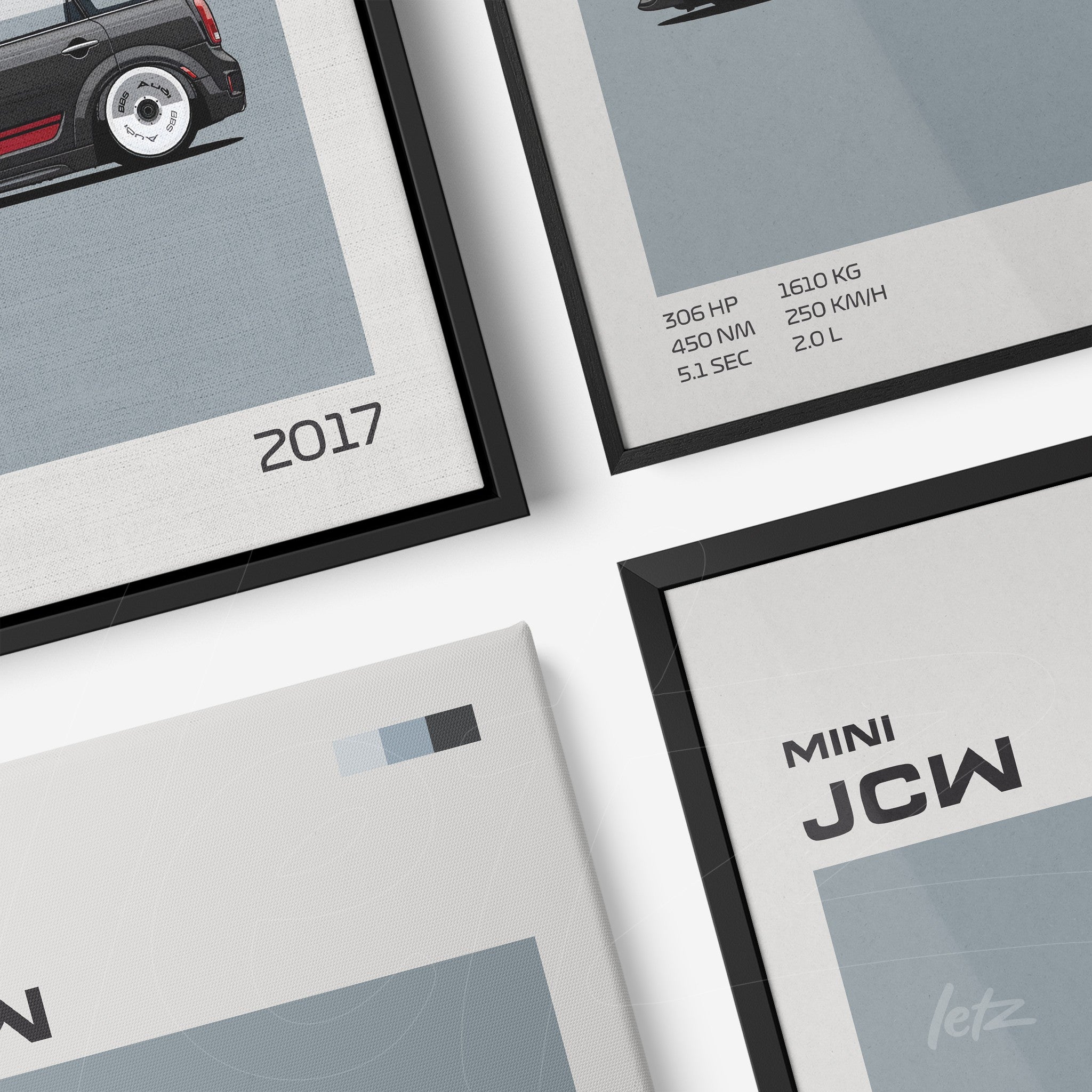 digital artwork in black frame showcasing details of a Mini JCW 2017 with technical specifications