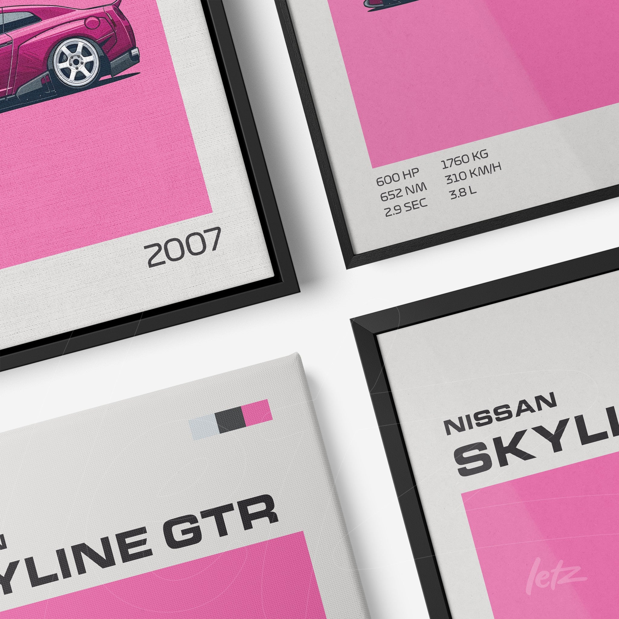 framed composition of digital art featuring the Nissan Skyline GTR in a minimalist style with a pink background and black frames