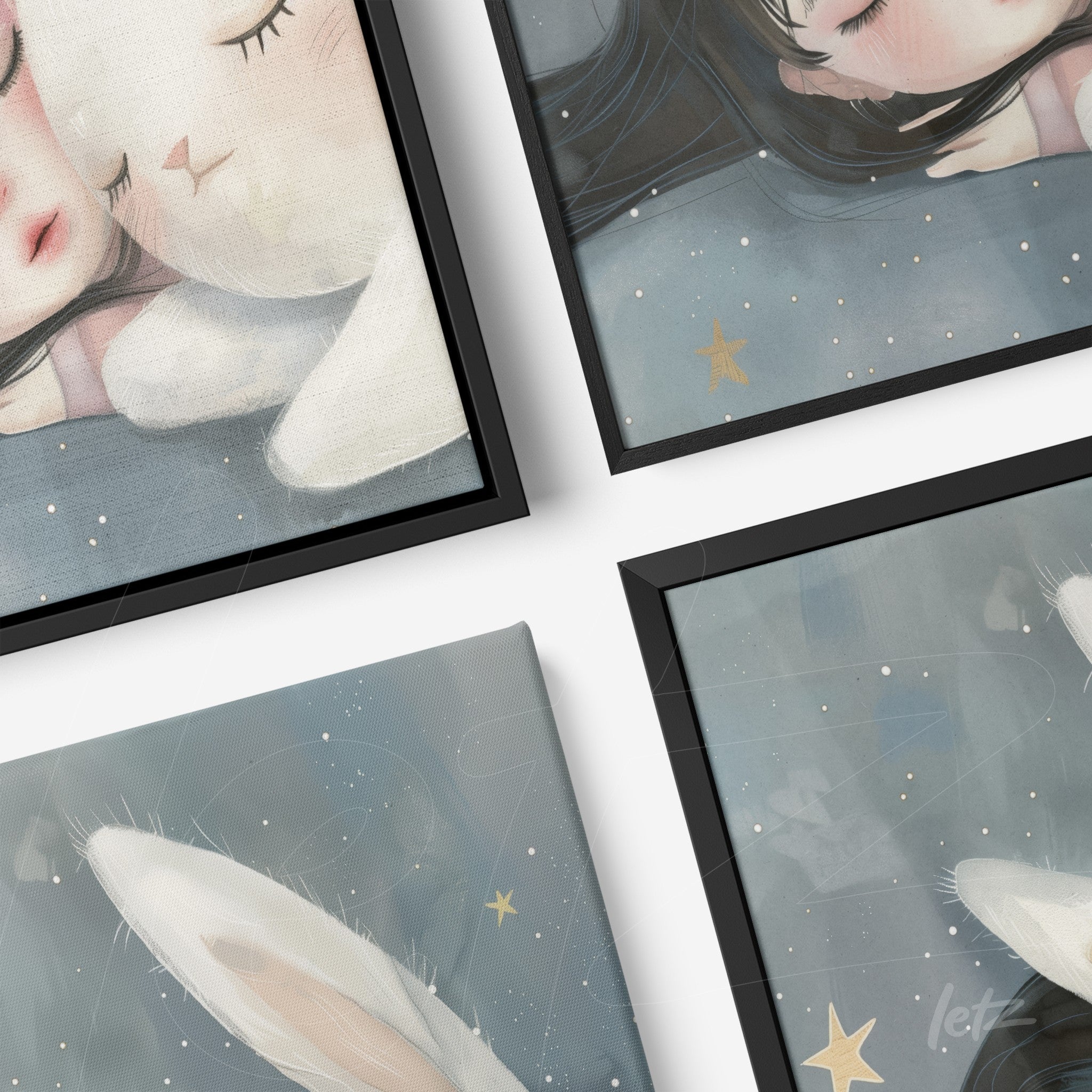 collection of framed artworks depicting sleeping girls with rabbits and stars on a blue background, thin black frames