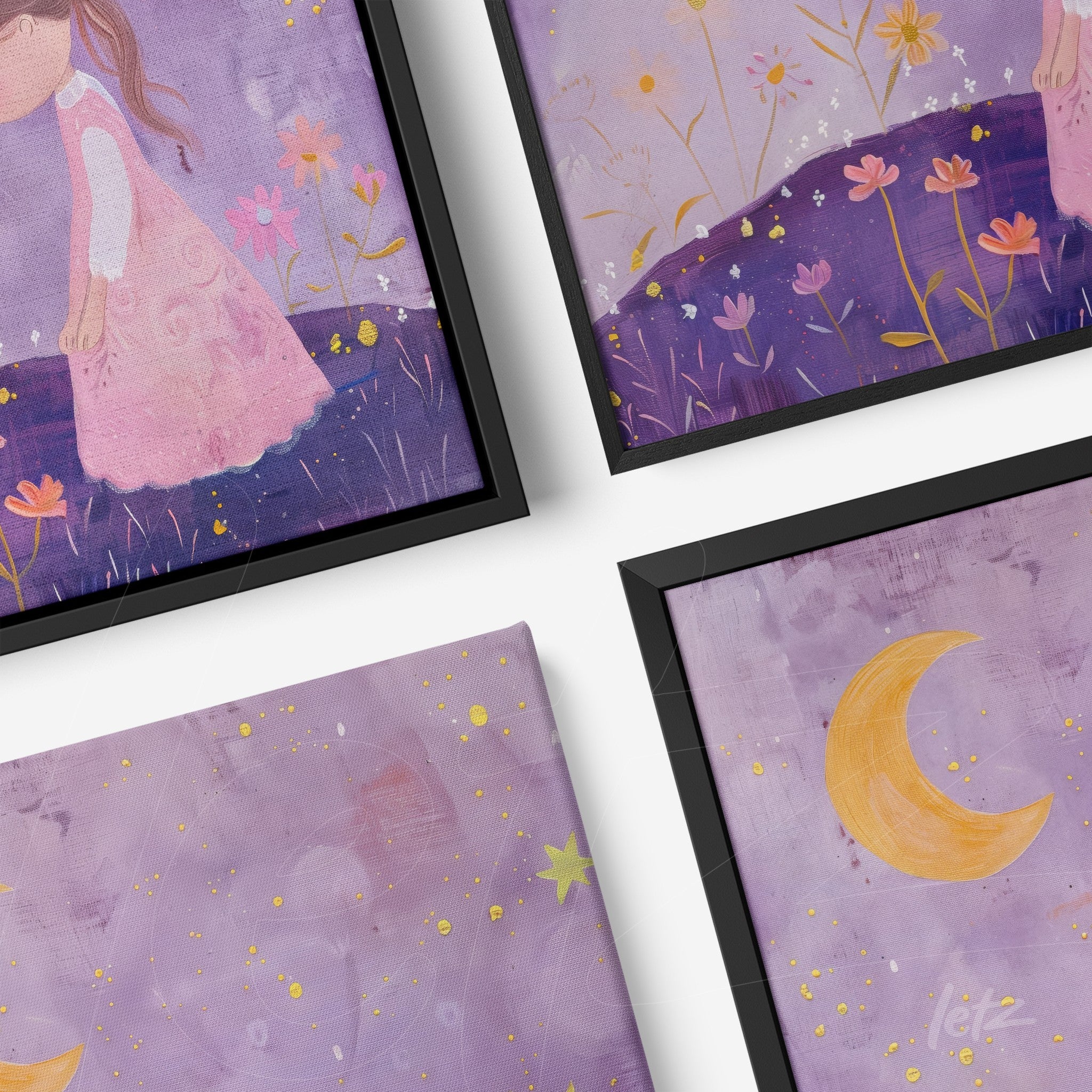 collection of framed child art featuring a girl in a flower field and moon on purple background with black frames