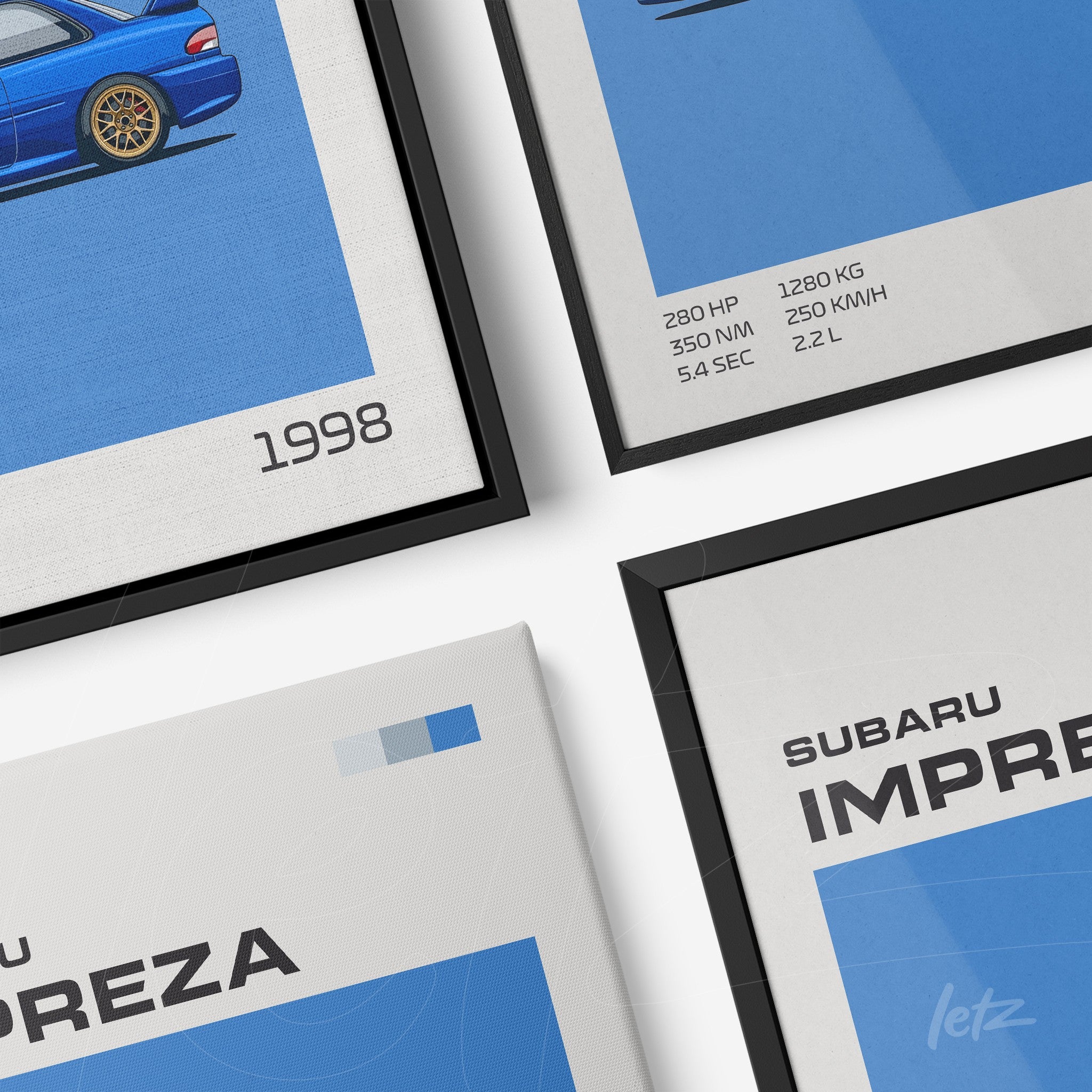 collection of framed illustrations featuring cars in minimalistic style, including the 1998 Subaru Impreza in black frame and canvas print with blue background