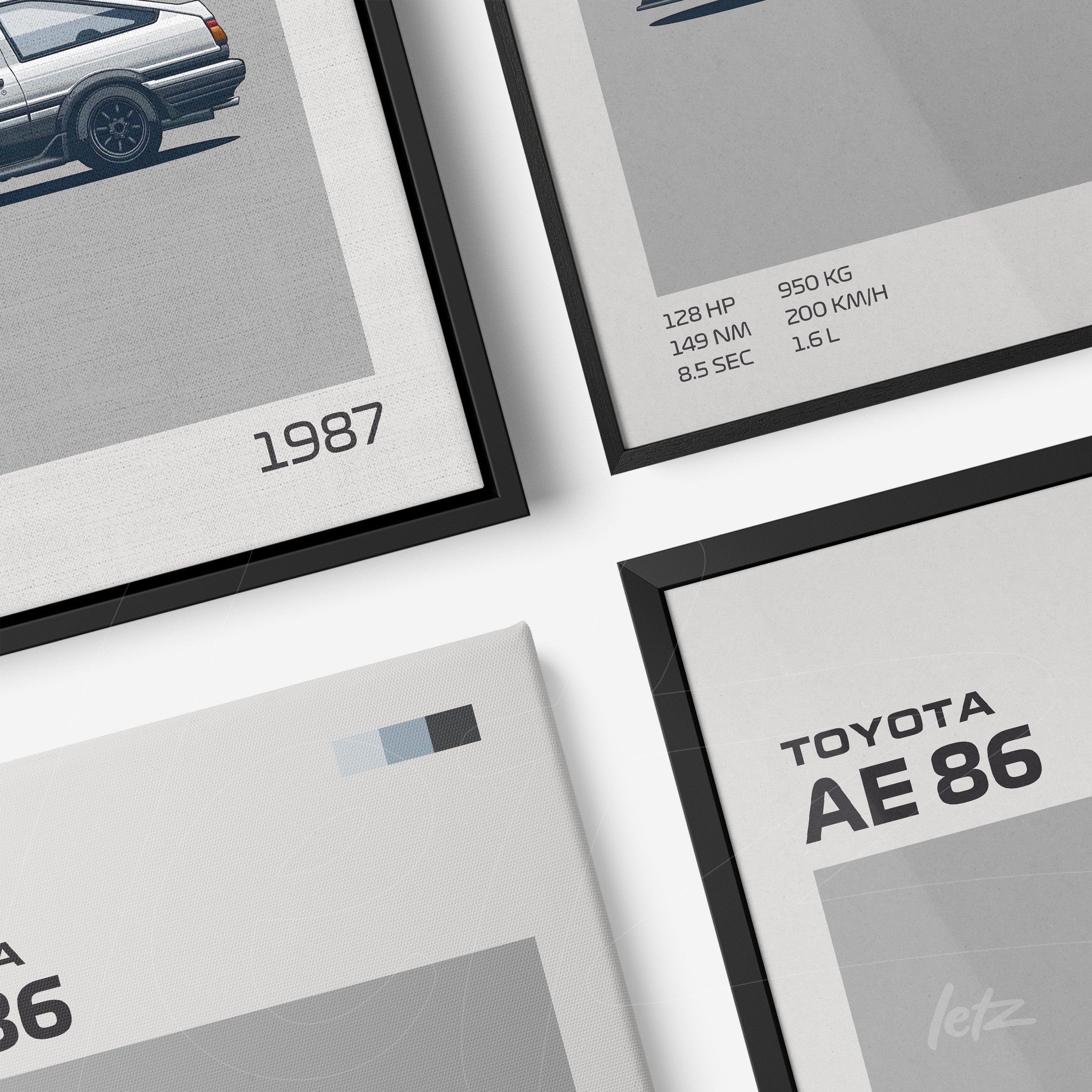 collection of framed wall art featuring minimalist illustrations of the Toyota AE 86 in black and white frames