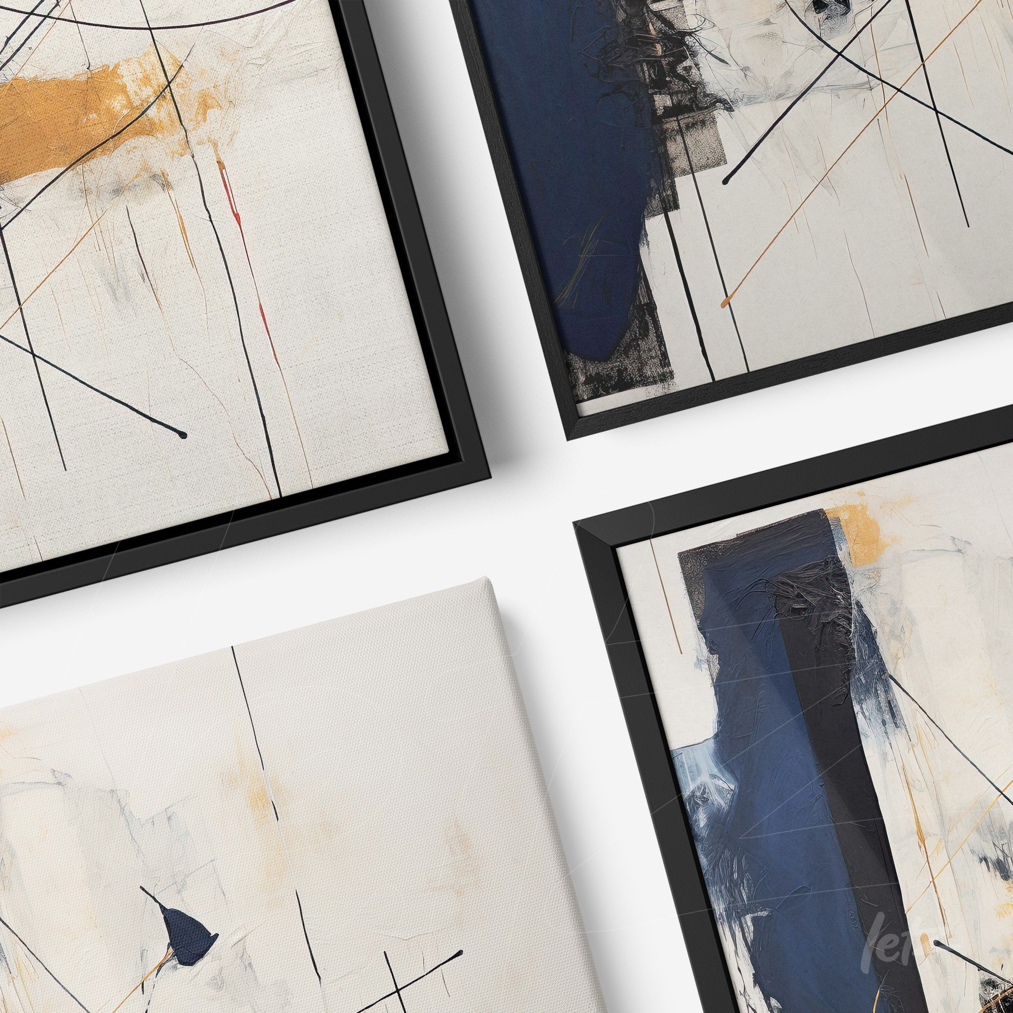 composition of four abstract framed wall art pieces with black frames featuring geometric elements in neutral tones and touches of blue and gold