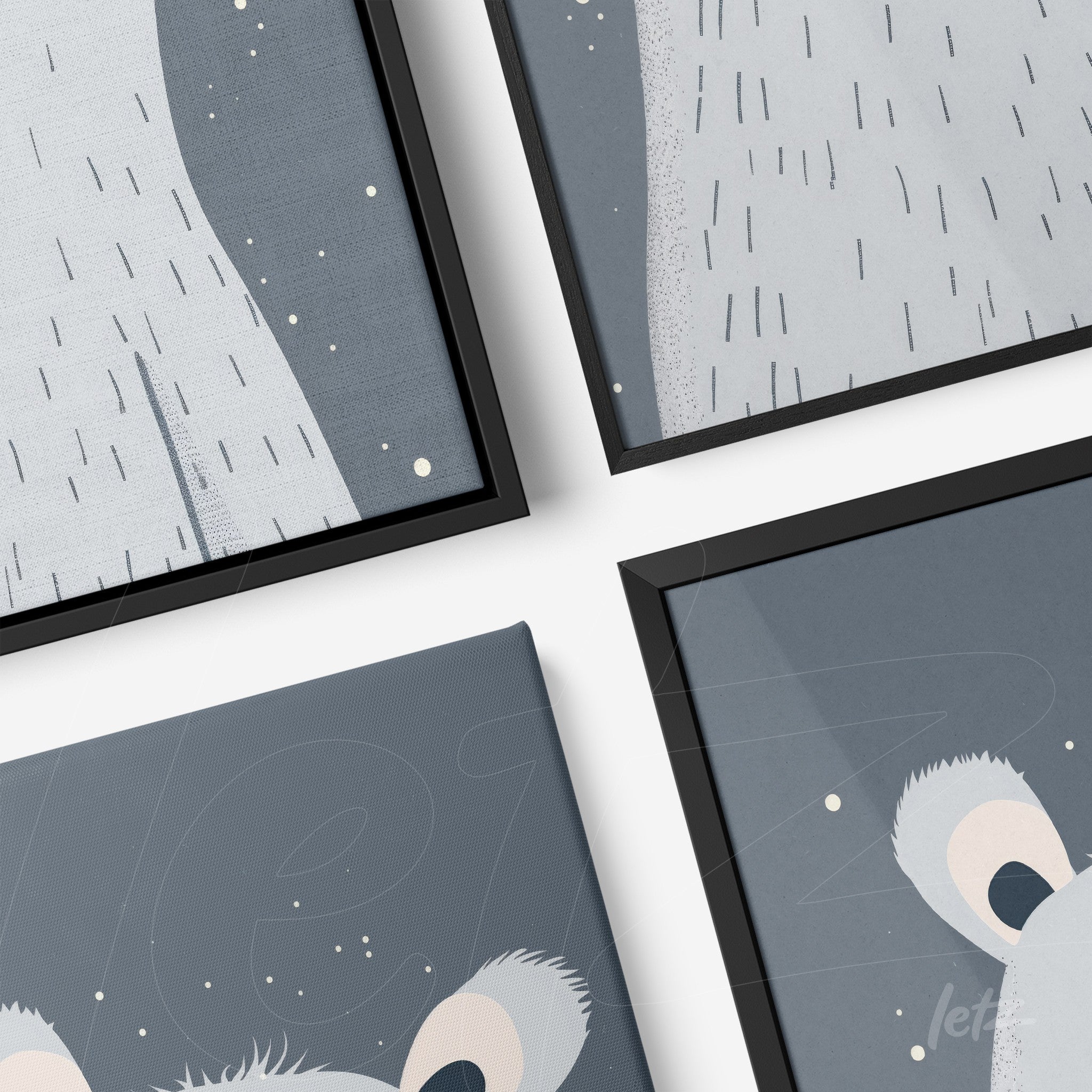 series of wall art featuring polar bear illustration on dark blue background, accented by thin black frames