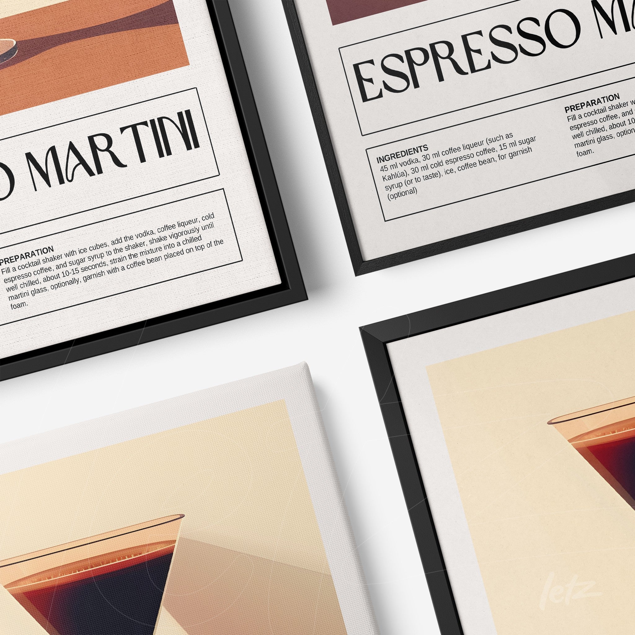 collection of decorative wall art featuring minimalist illustrations of drink recipes including a martini and an espresso martini with black and white frames