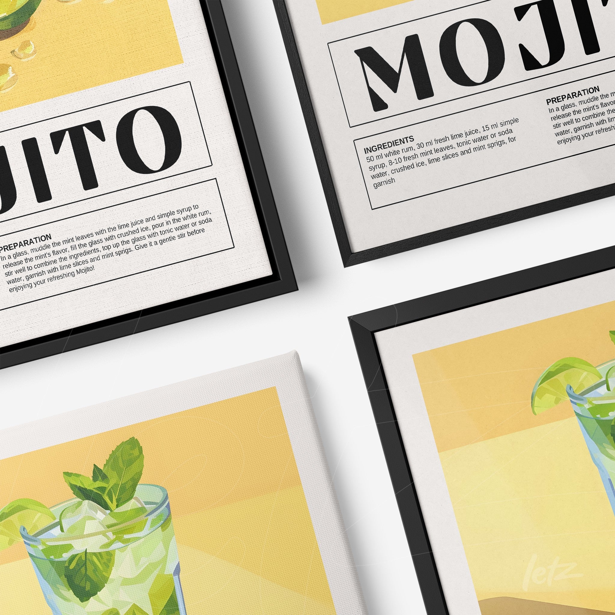 collection of framed art featuring mojito and caipirinha recipes in black and white frames