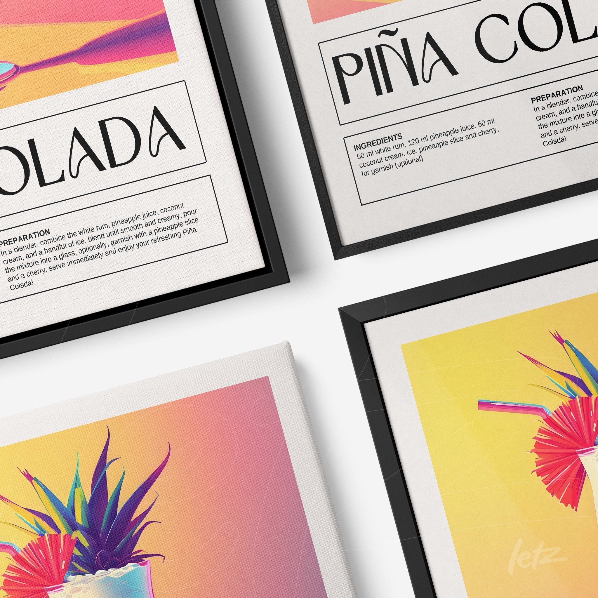 arrangement of recipe wall art featuring piña colada in black frame, soft yellow and pink background with a stylized pineapple