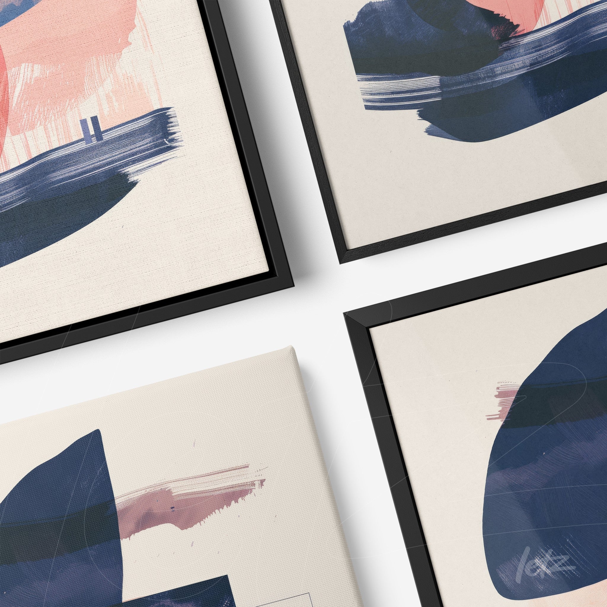 composition of abstract wall art with brush strokes in shades of pink and blue, featuring thin black frames
