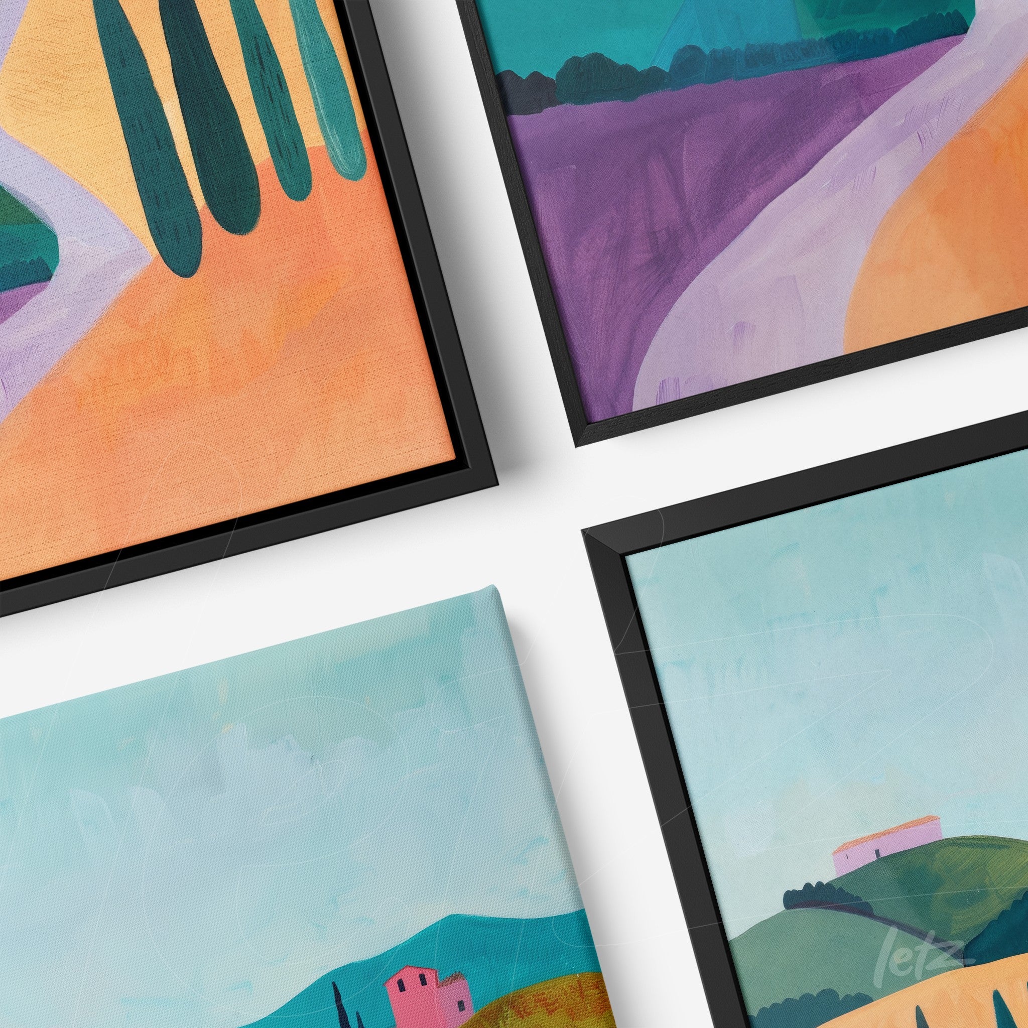 set of framed wall art showcasing vibrant landscapes with fields, hills, and trees in a modern aesthetic