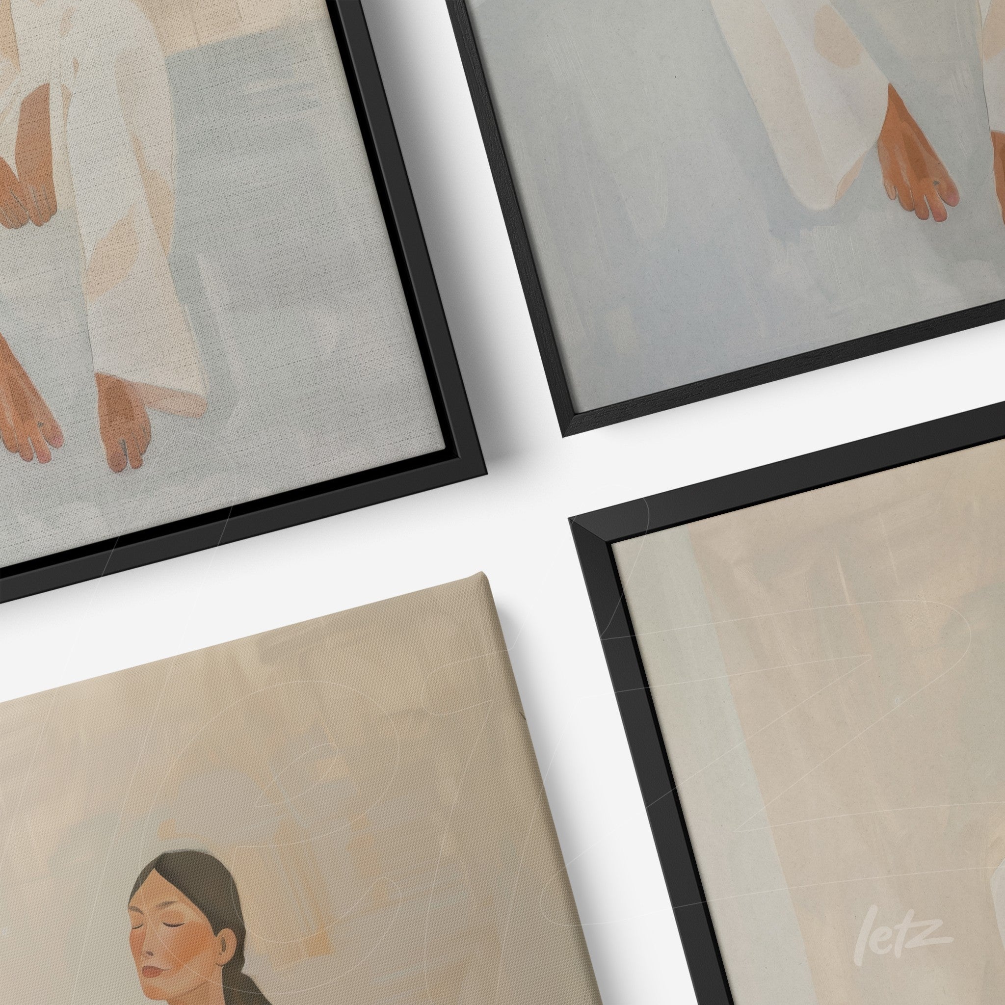 composition of framed wall art featuring minimalist depictions of women in neutral tones with slim black frames