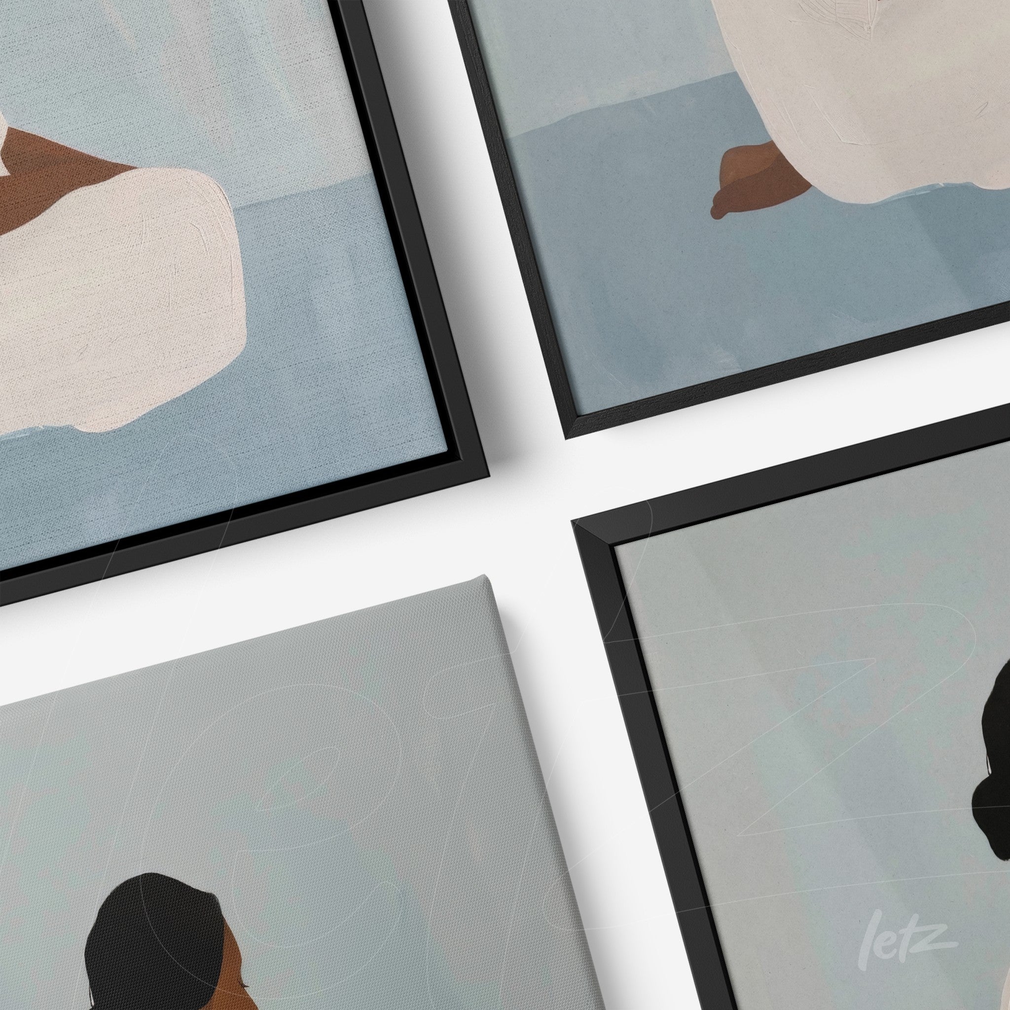 composition of framed wall art featuring minimalist human figures in soft tones with slim black frames