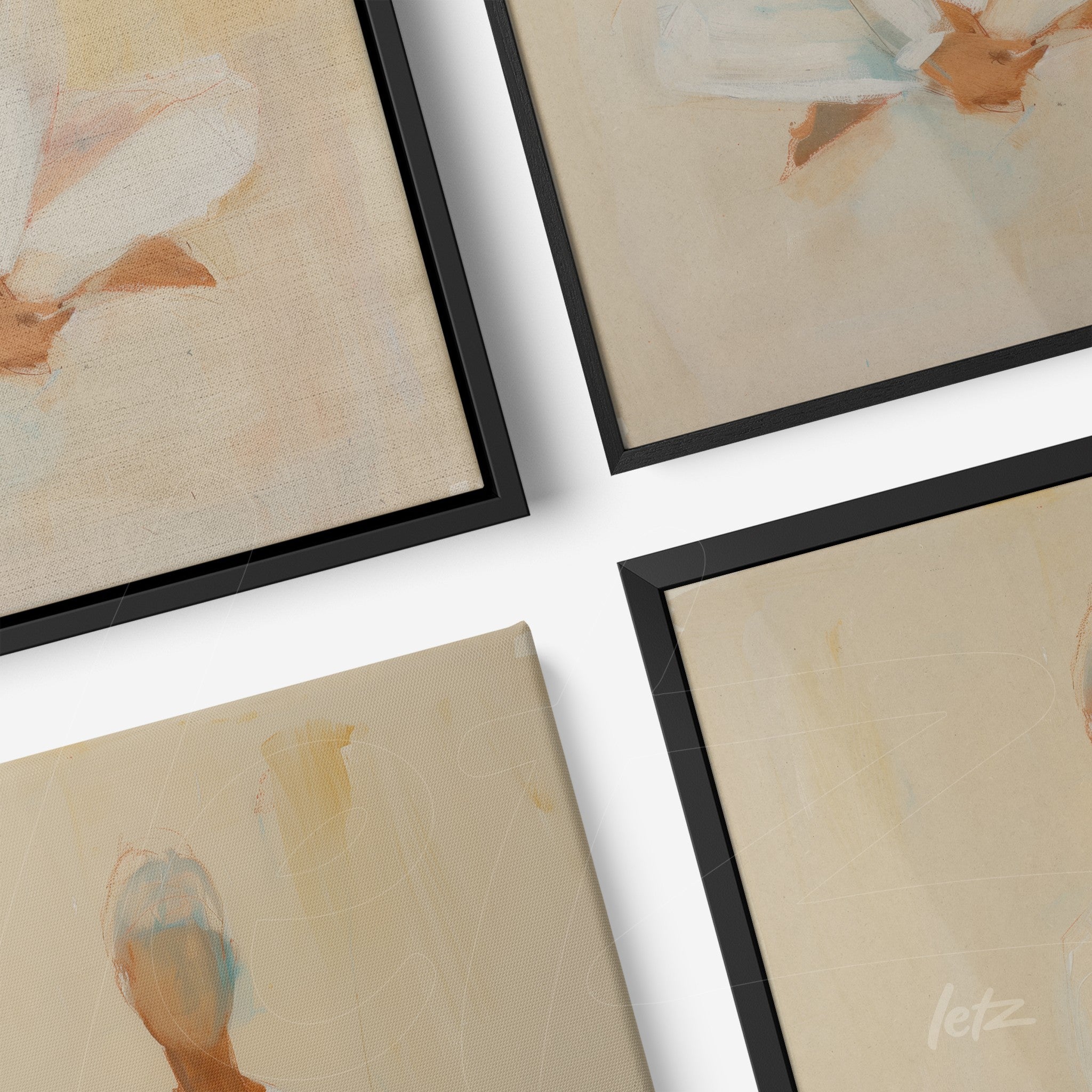 composition of abstract wall art featuring human figures in neutral background with black frame