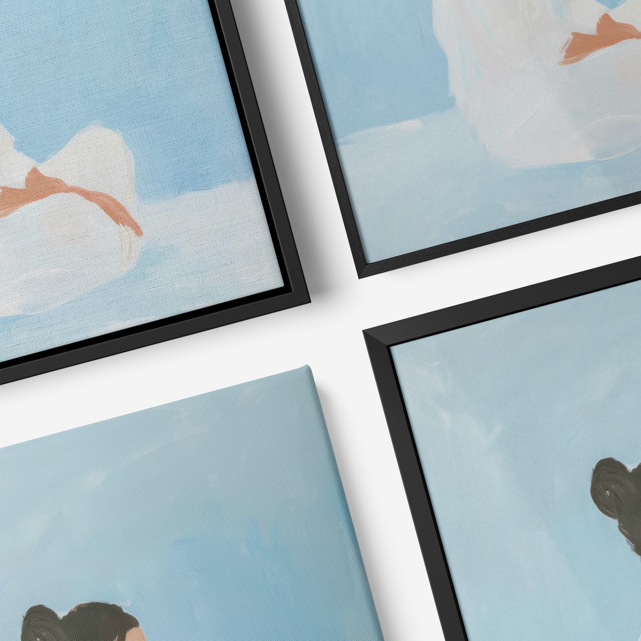 composition of framed modern art in shades of blue featuring human figures with thin black frames