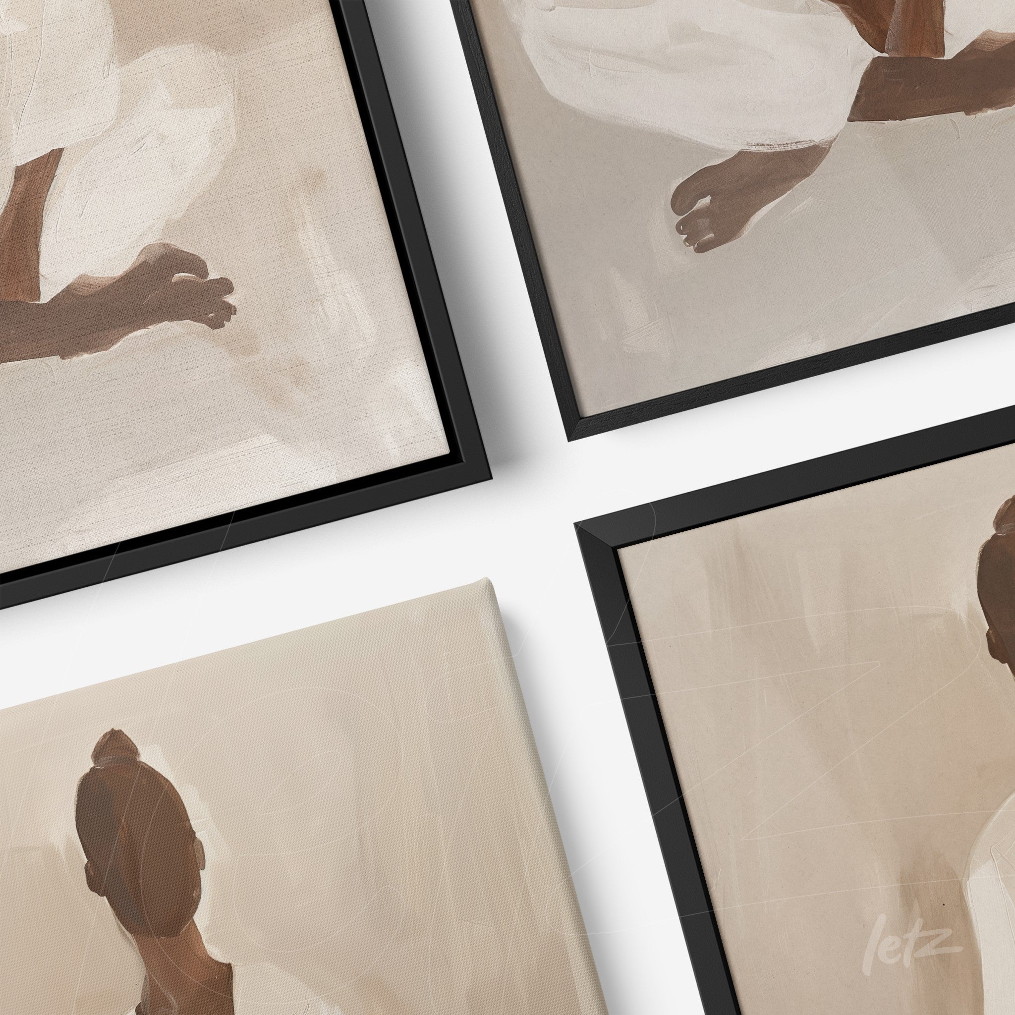composition of framed minimalist abstract art in neutral tones with thin black frames