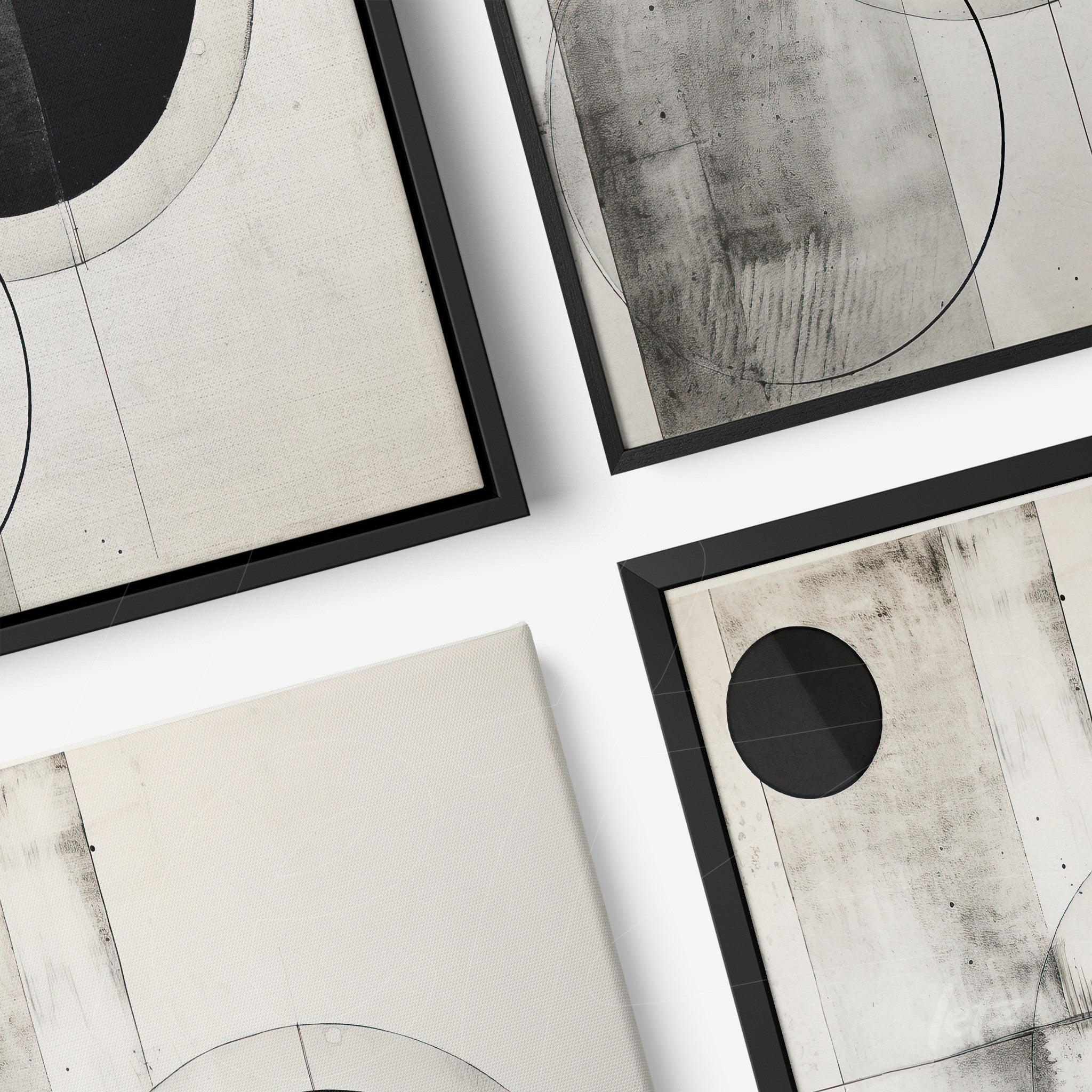 minimalist wall art composition in black and white featuring geometric shapes with black frames