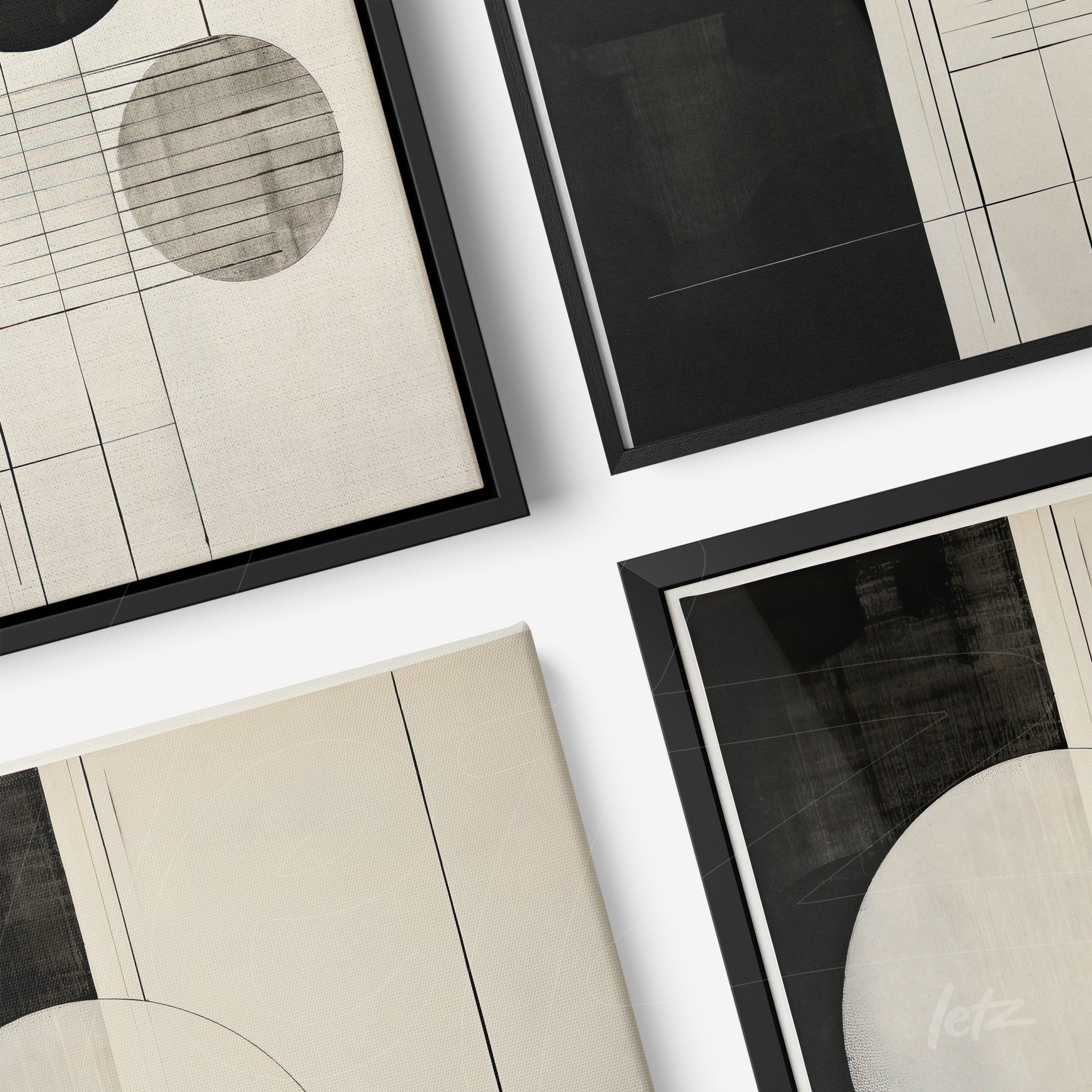 composition of four framed artworks showcasing abstract geometric art in neutral tones