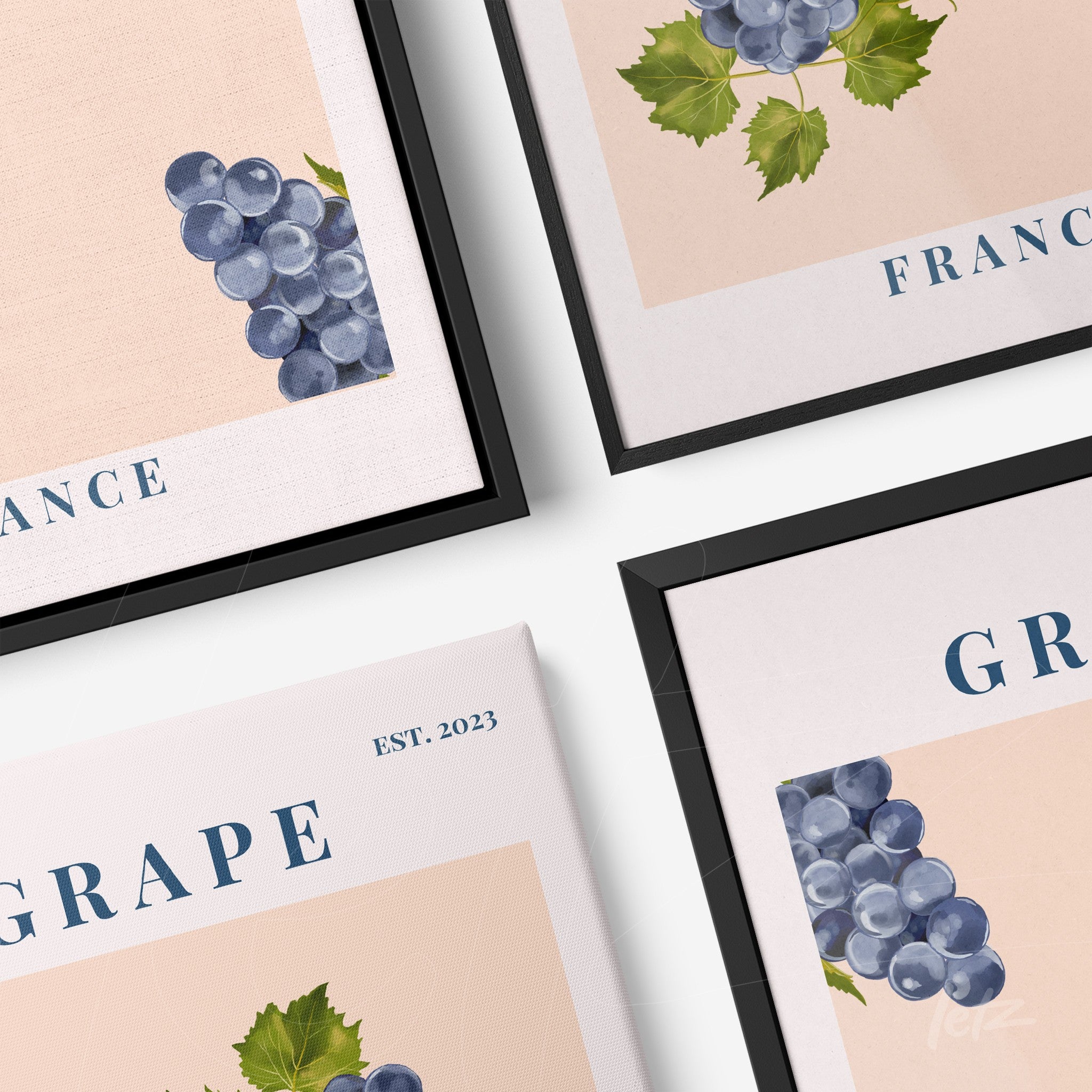 set of framed wall art featuring illustrations of grapes in black and white frames on light background
