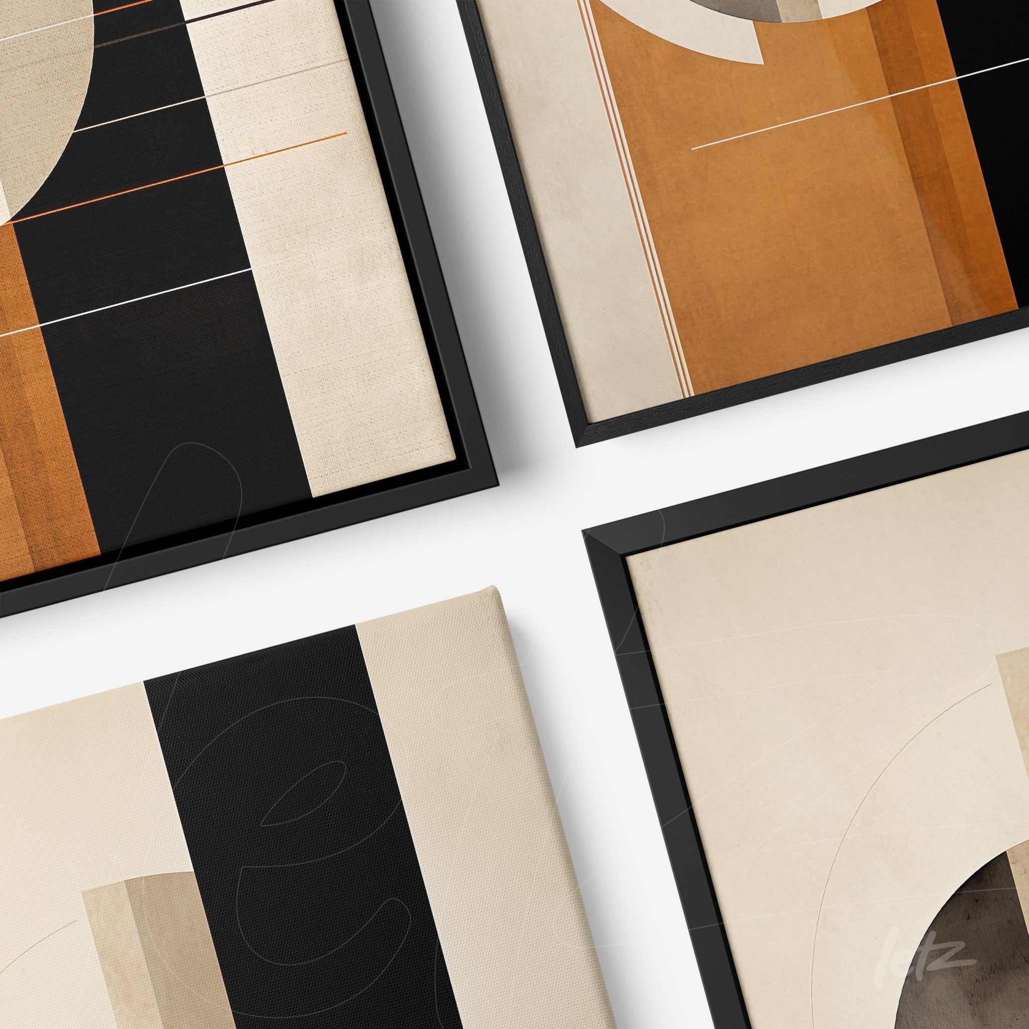 composition of four framed abstract artworks featuring geometric shapes in earth tones and cream