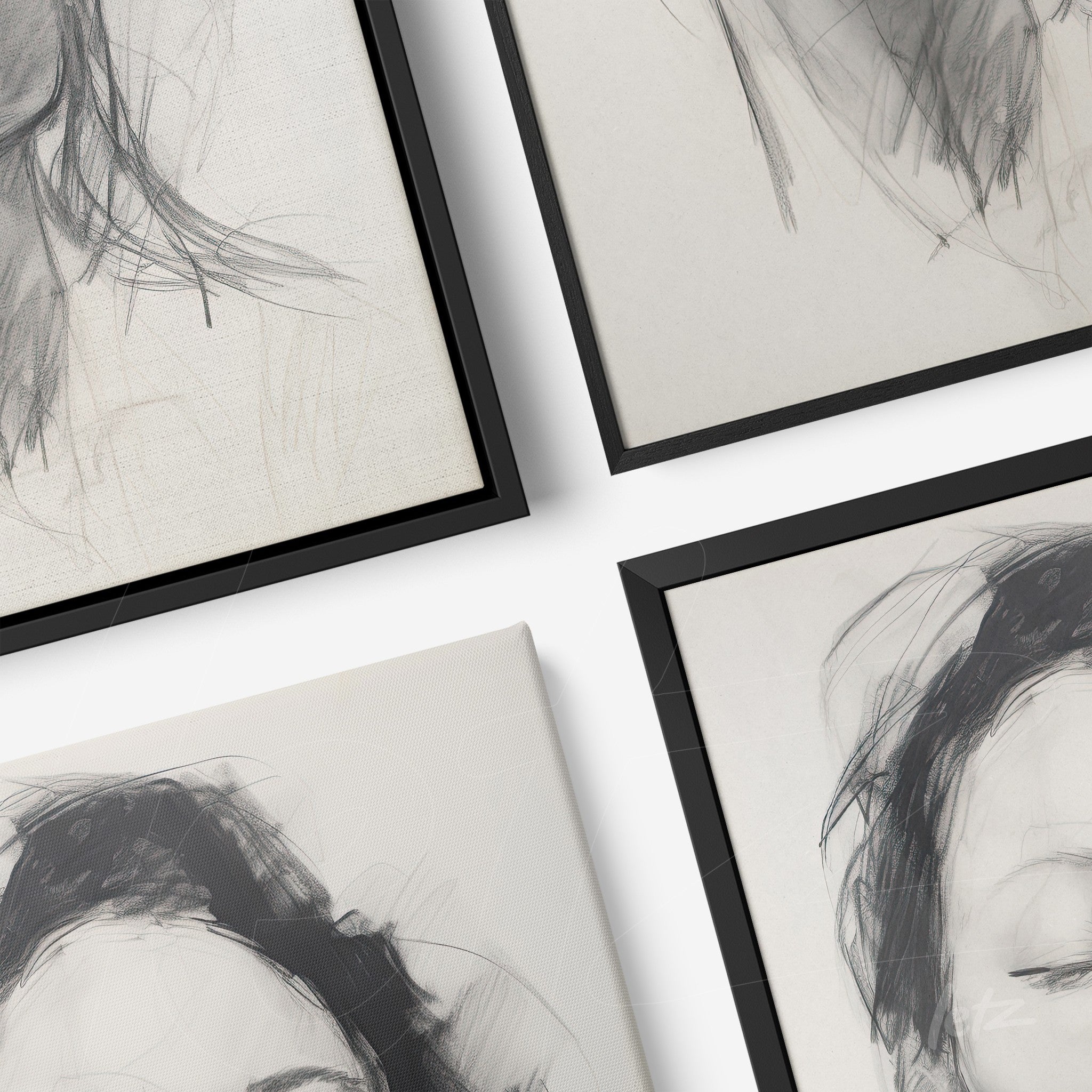 collection of framed artworks featuring sketches of faces in sleek black frames displayed against a white background