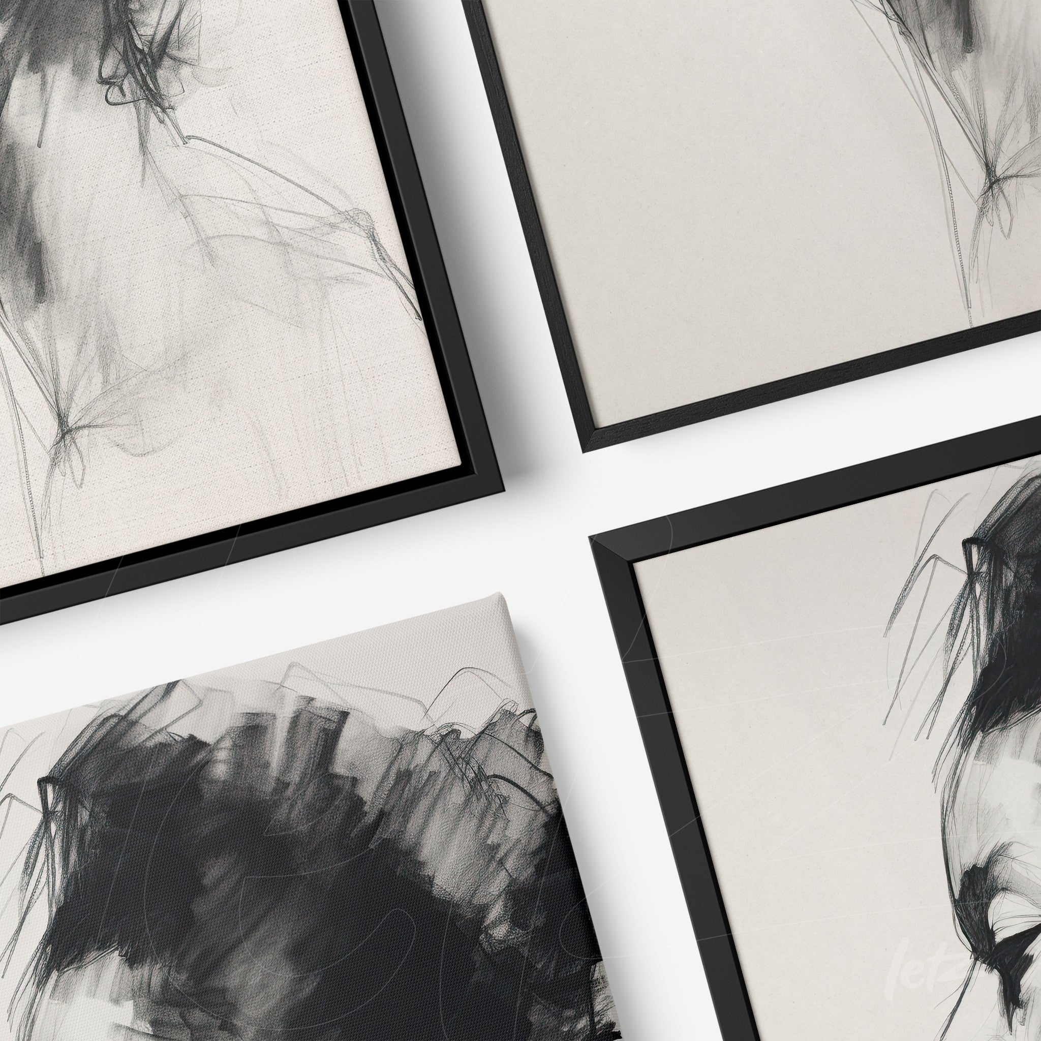 collection of framed sketches in black and white with thin black frames on light background
