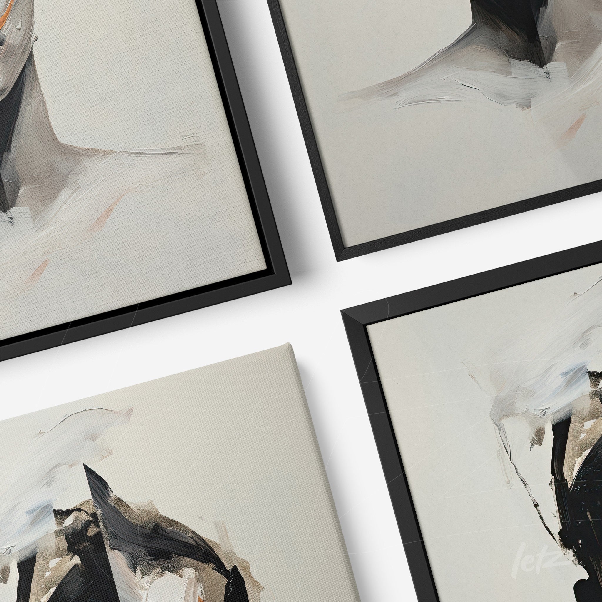 composition of four framed artworks featuring abstract faces in neutral tones on light background