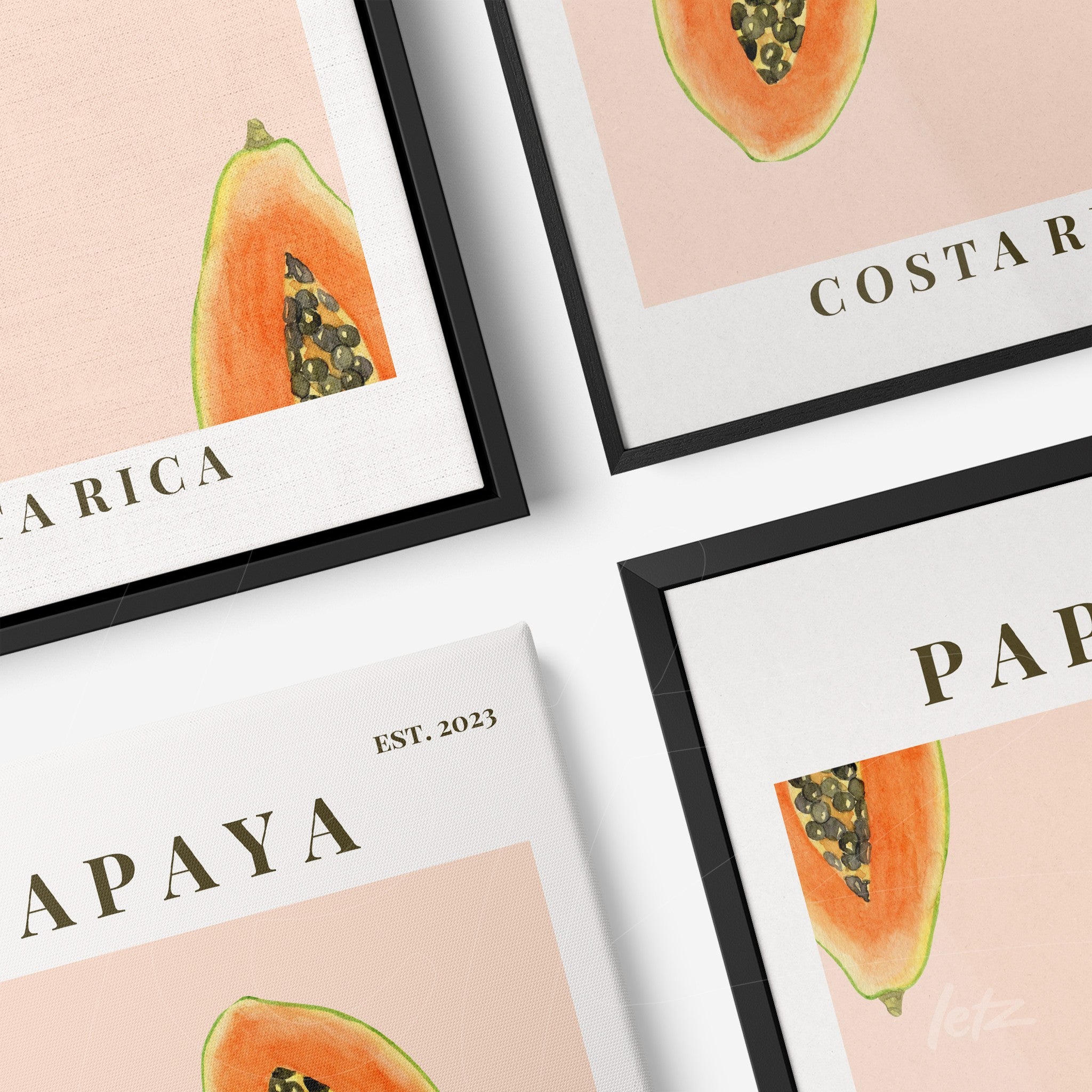 a collection of decorative frames featuring papaya illustrations and typography in black and white frames