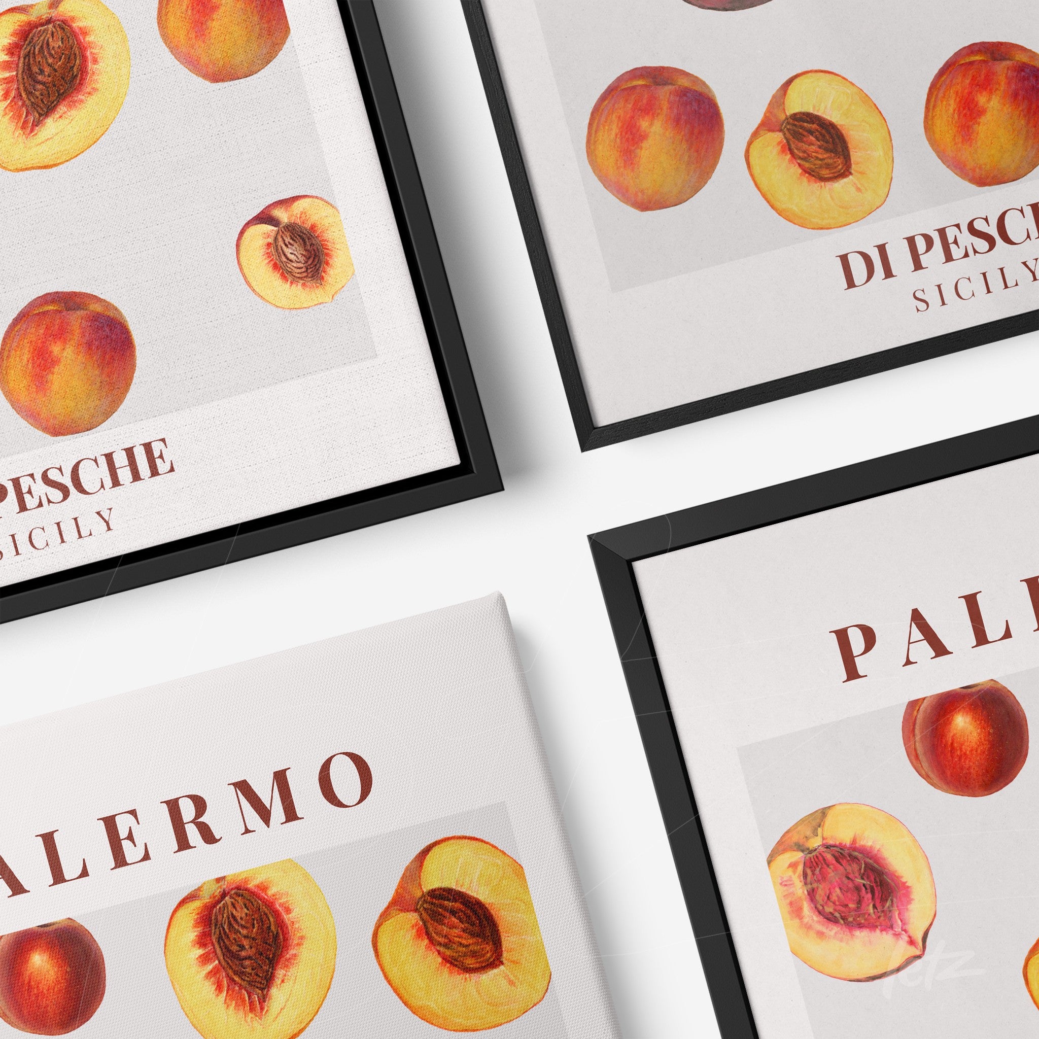 composition of framed wall art featuring vintage style peaches with black and white frames