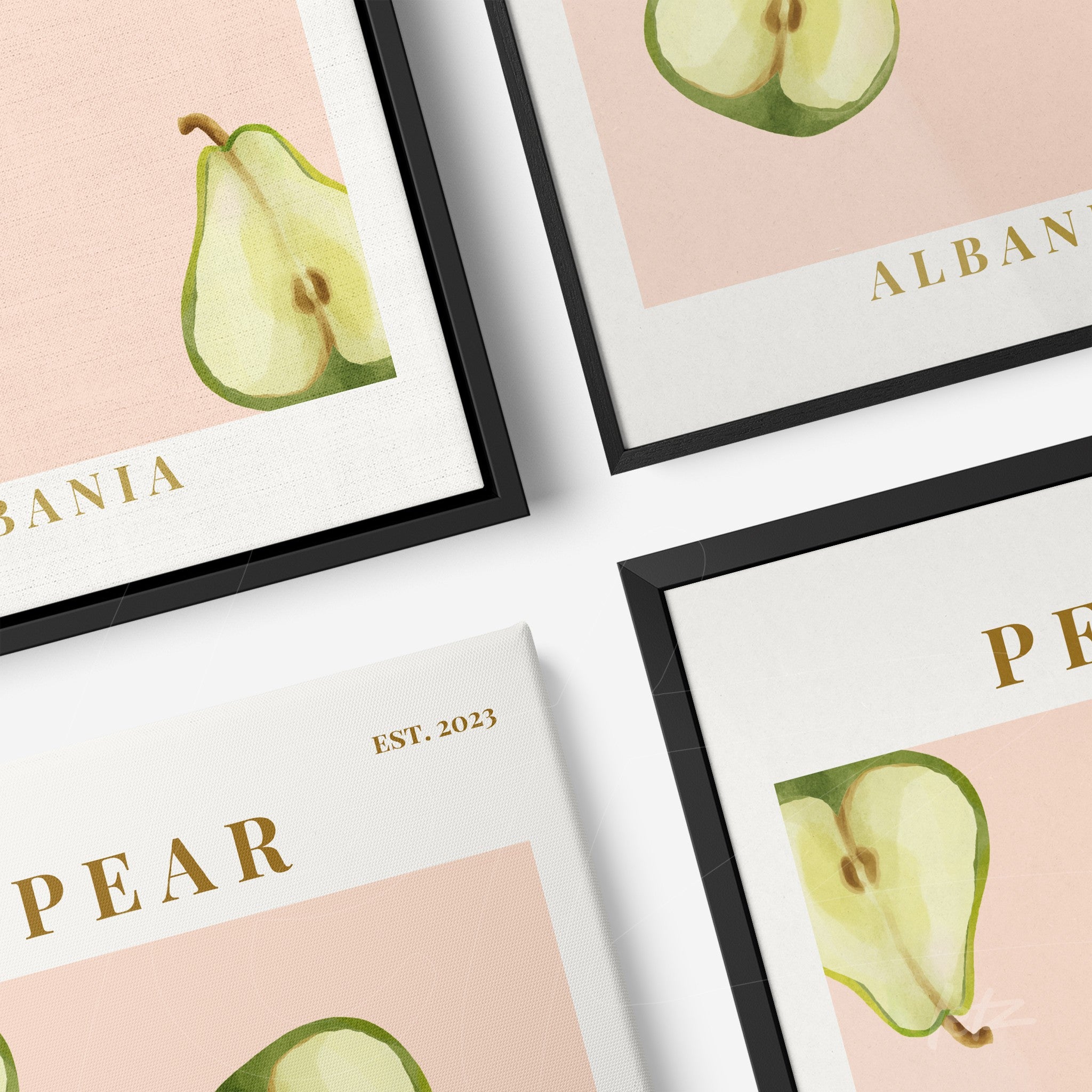collection of framed artwork featuring pear illustrations on pink background with black borders