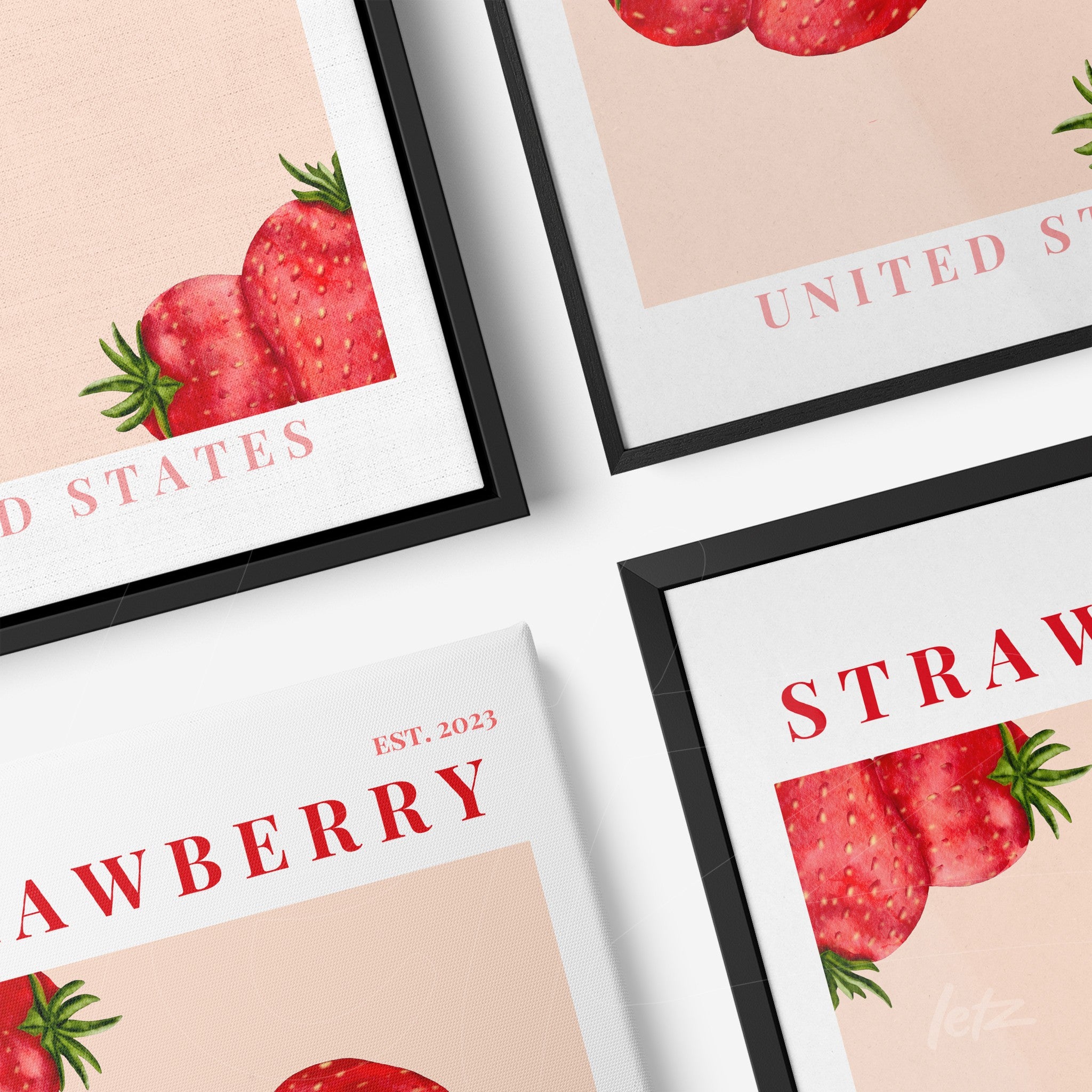 set of decorative frames featuring strawberry illustrations on light pink background with black and white frames and stylized text