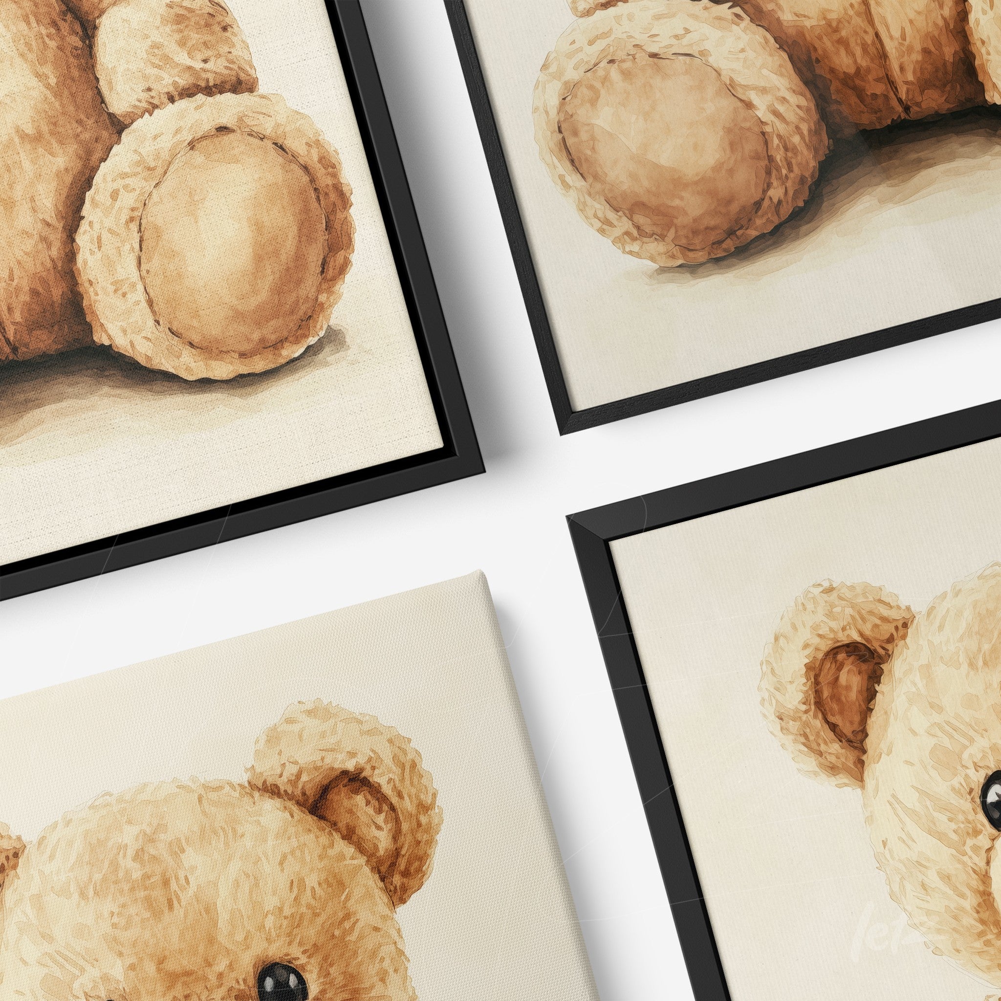 collection of framed teddy bear illustrations in black frames displayed on a white background