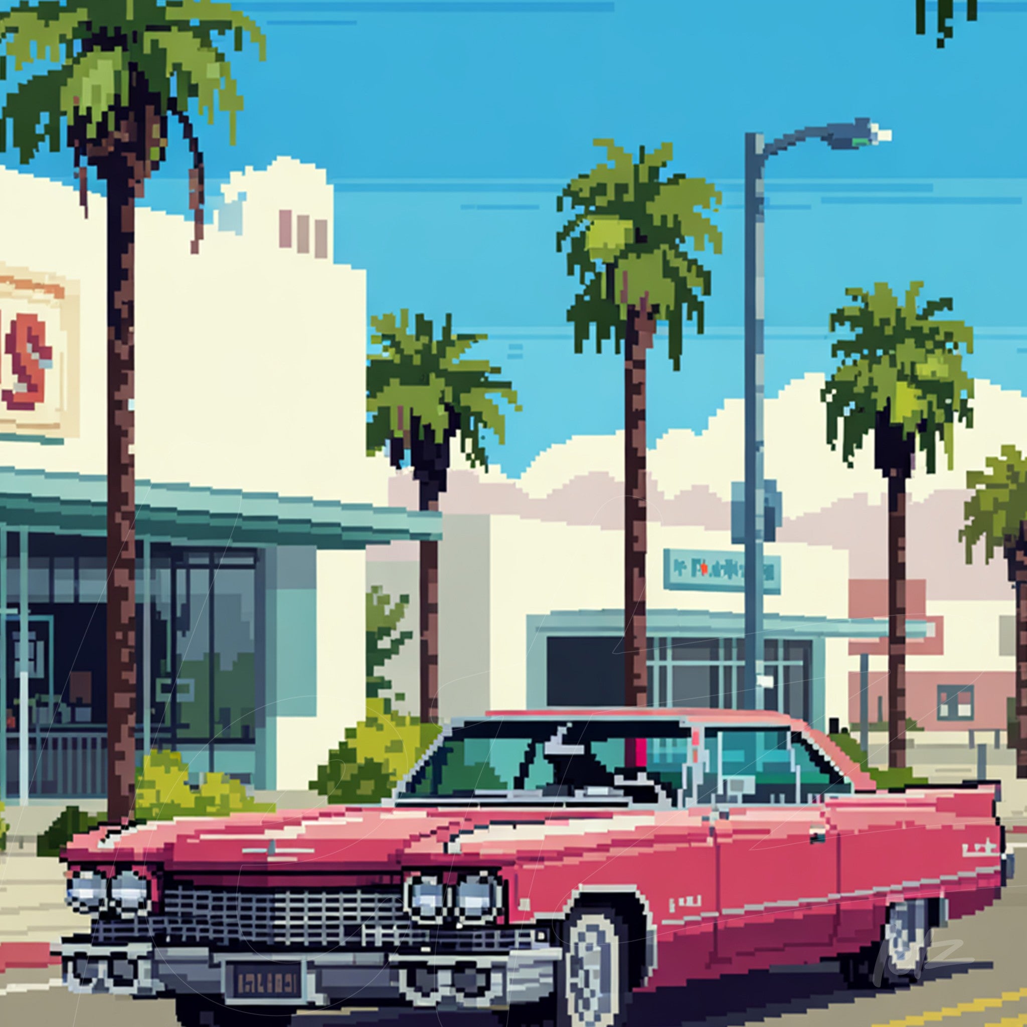 pixel art illustration of a classic pink Cadillac parked on a street lined with palm trees and retro buildings in the background