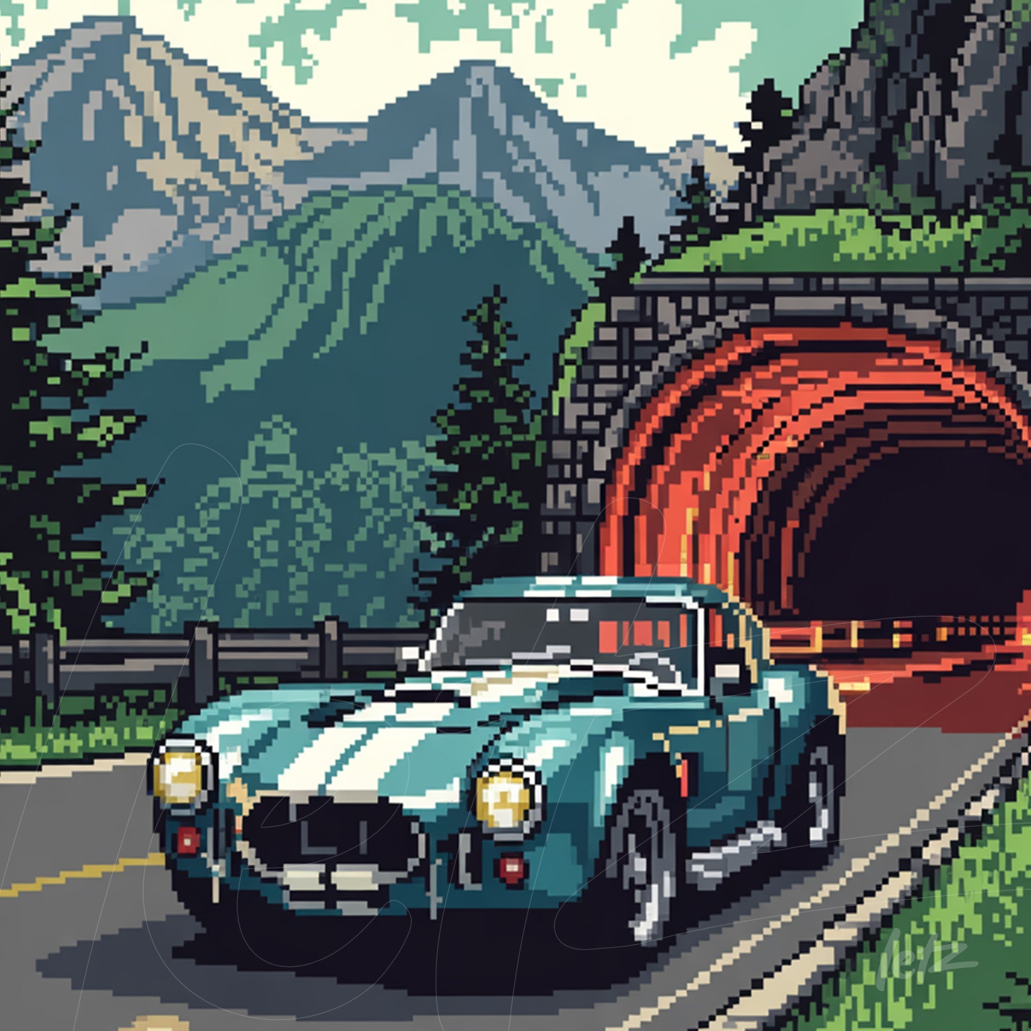 pixel art featuring a blue sports car on a road with mountains in the background and a illuminated tunnel