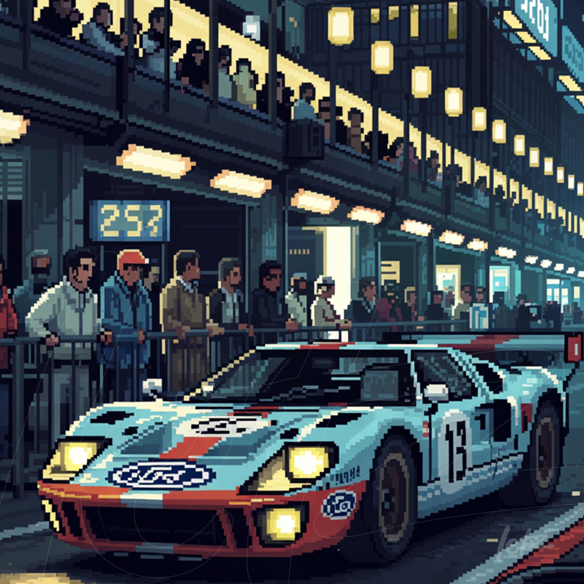 pixel art of a Ford GT40 race car in a track environment, with spectators in the background and illuminated signage