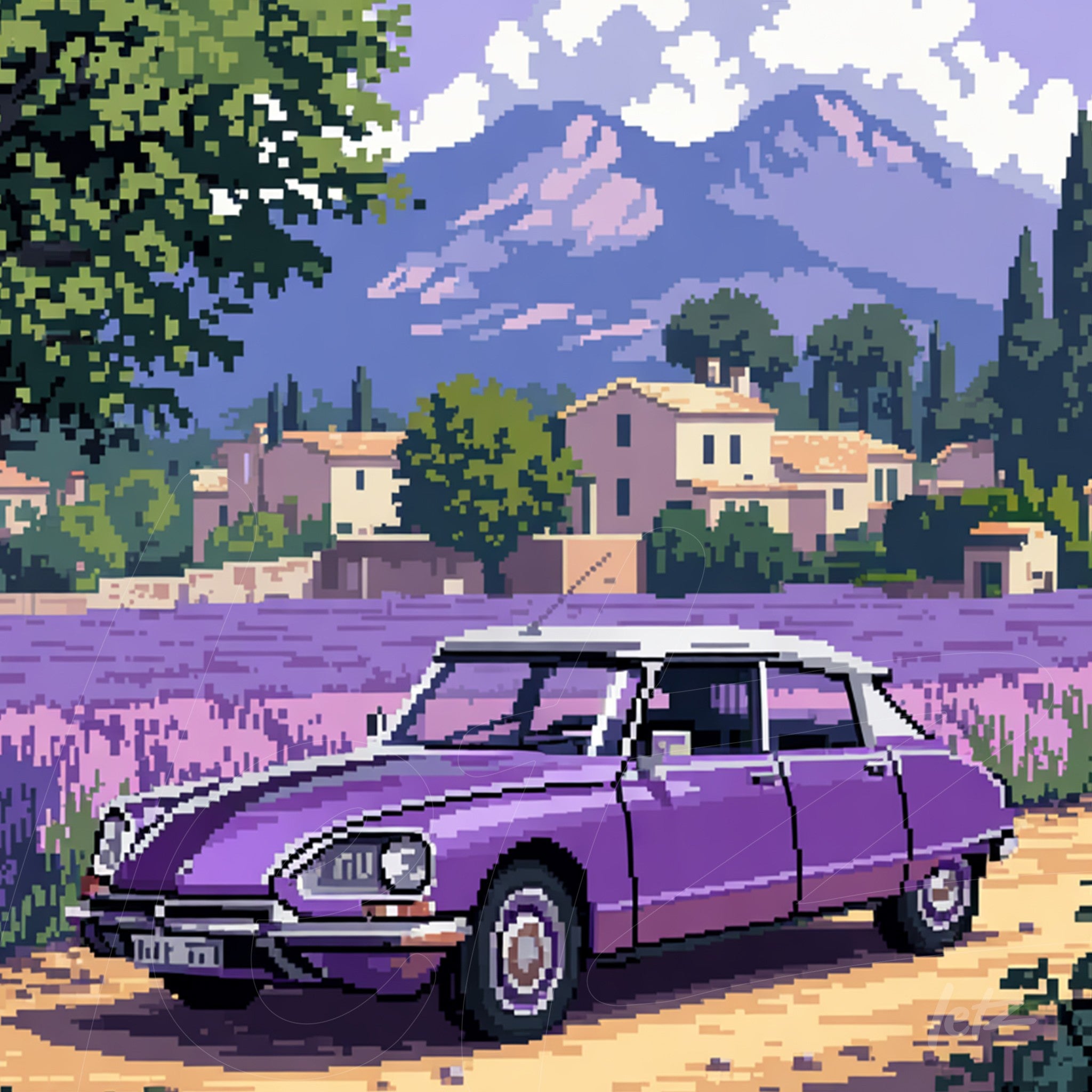 pixel art depicting a purple car in a lavender field with mountains in the background
