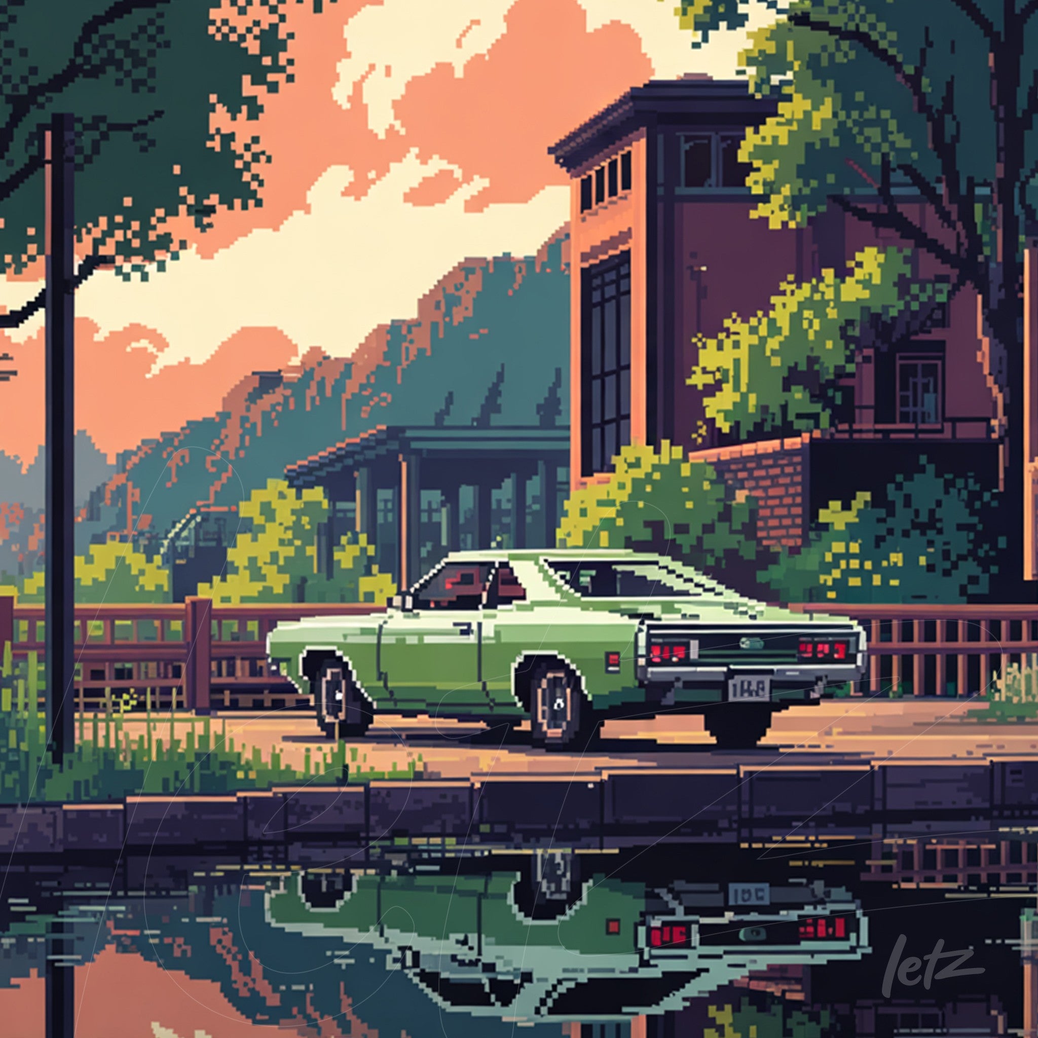 pixel art depicting a classic green car parked by a lake, reflecting the landscape with mountains and buildings in the background