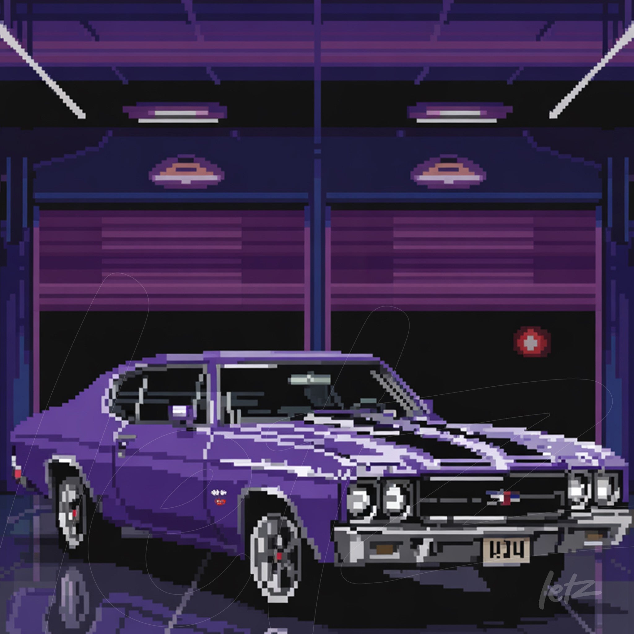 digital art of a purple classic car in a neon-lit garage