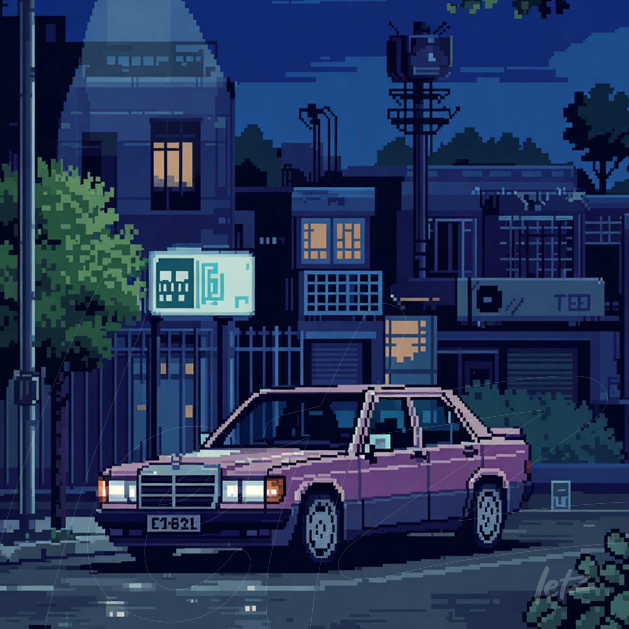 pixel art featuring a pink car parked on an urban street at night with buildings and neon signs in the background