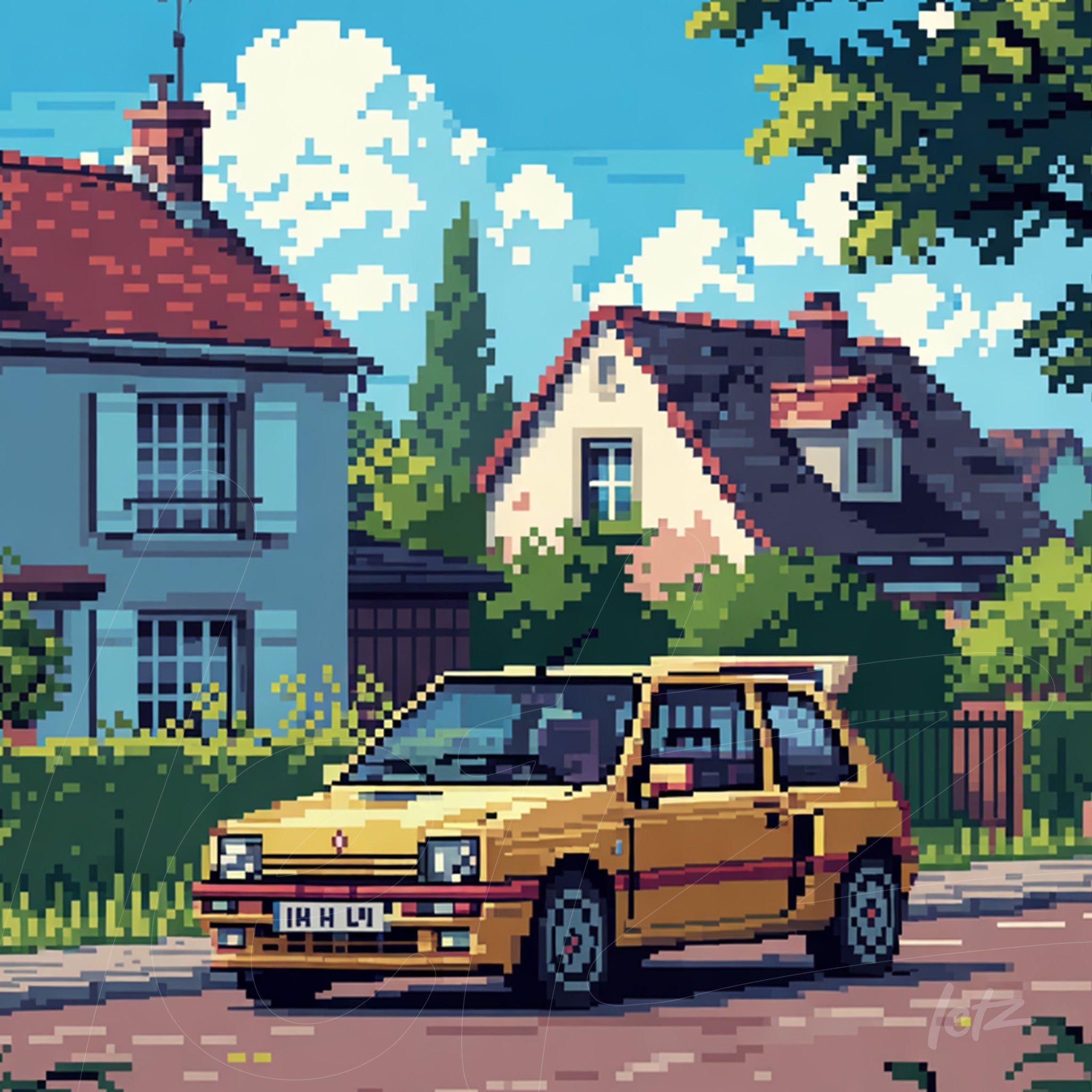 pixel art illustration of a yellow car on a peaceful street with European-style houses in the background and blue sky