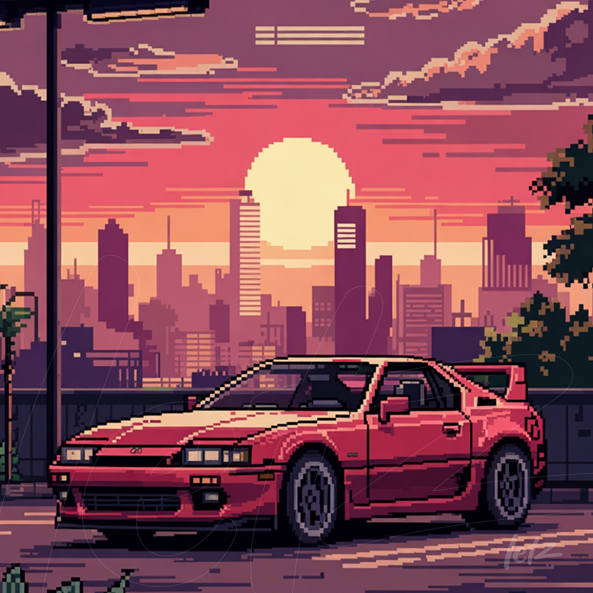 retro pixel art of a red sports car in a cityscape at sunset