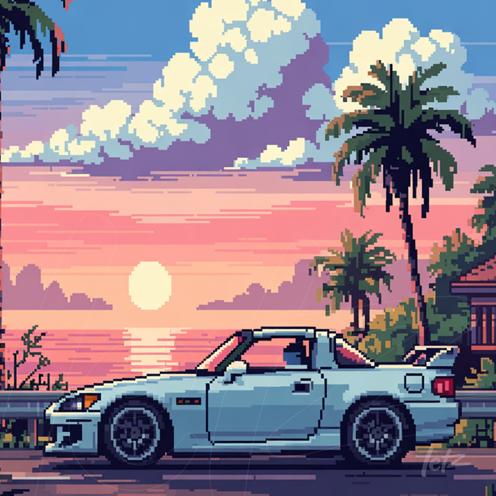 pixel art of a white sports car in front of a beach at sunset, with palm trees in the background and colorful clouds in the sky