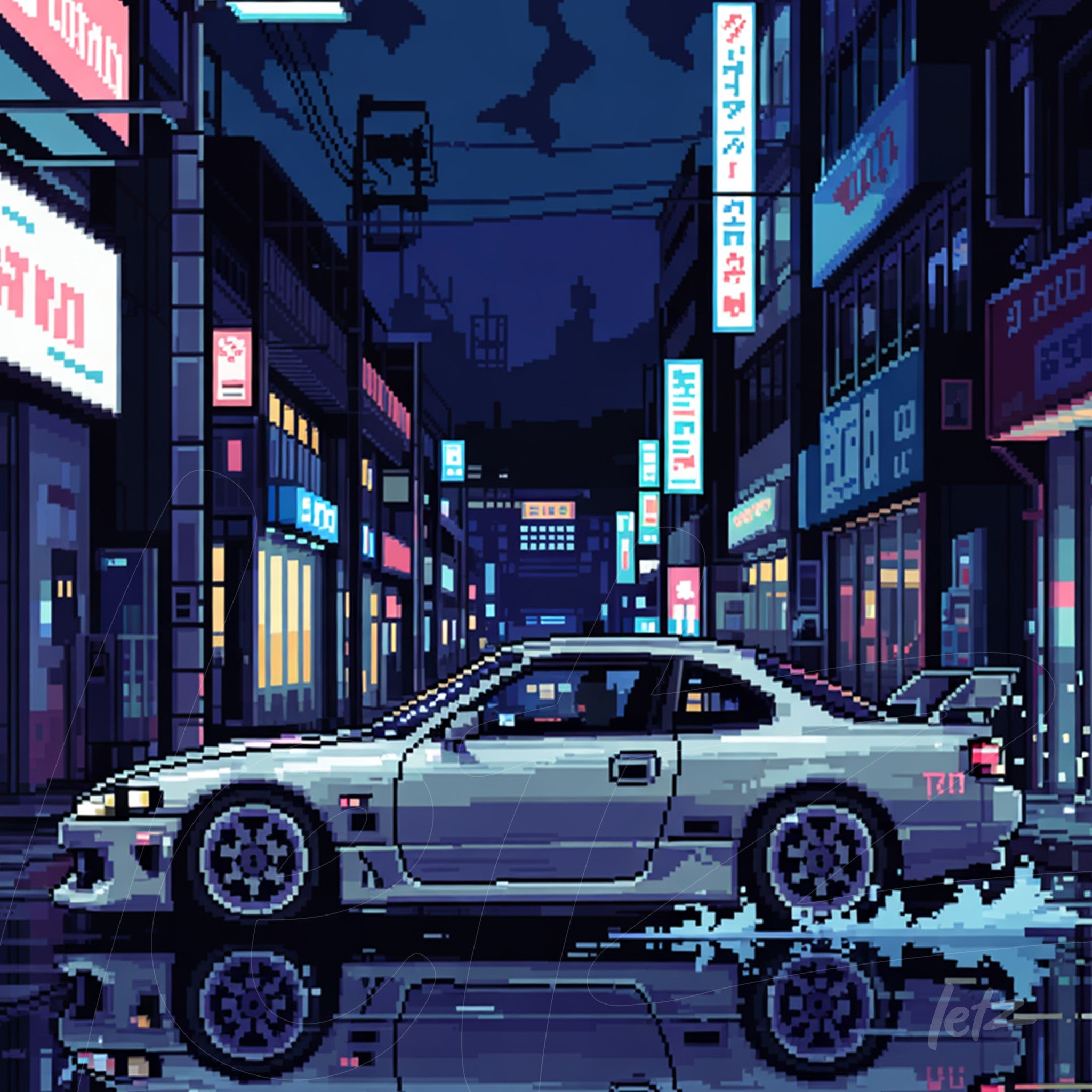 pixel art of a silver sports car on a neon-lit street at night