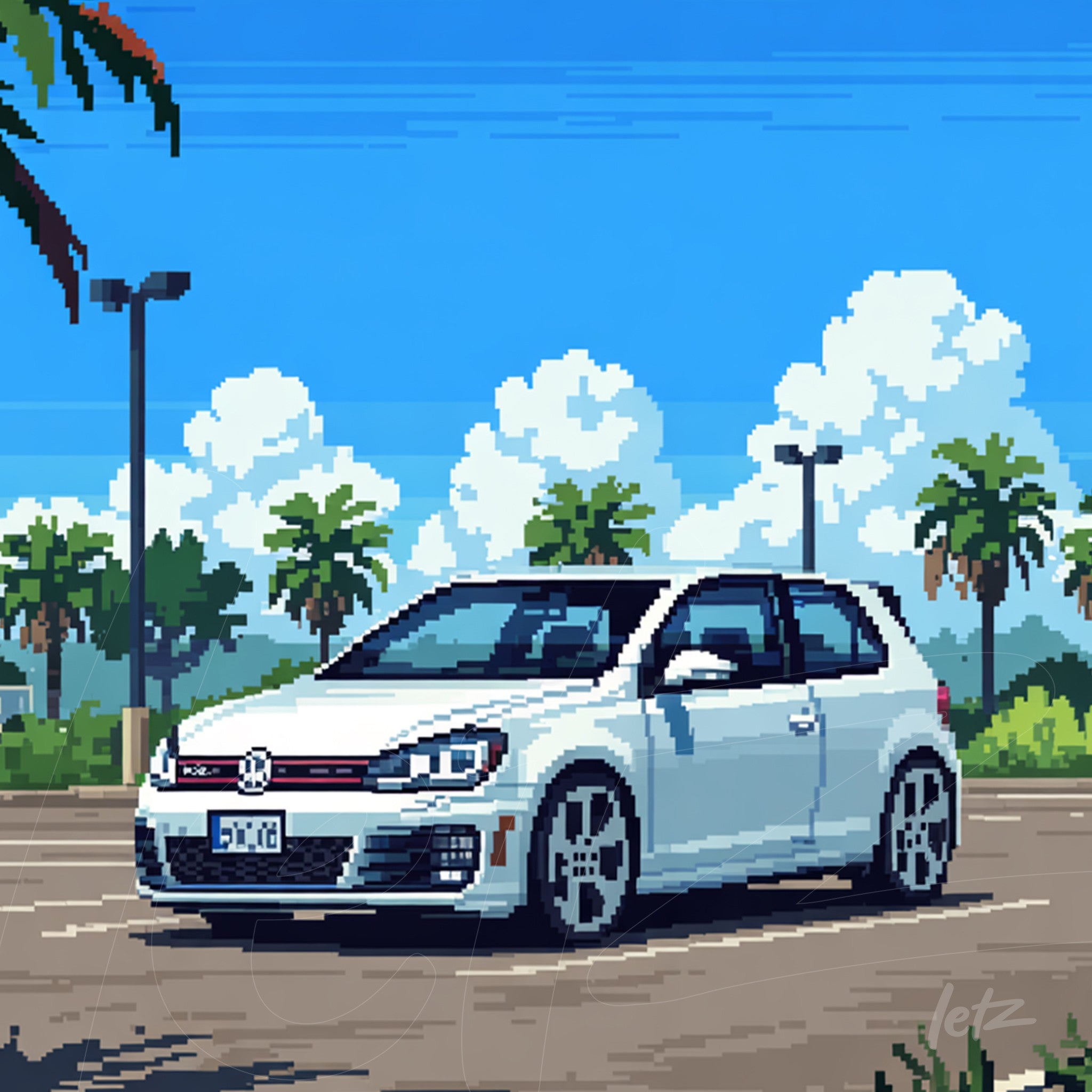 pixel art illustration of a white car parked in a lot surrounded by palm trees and clouds in the background