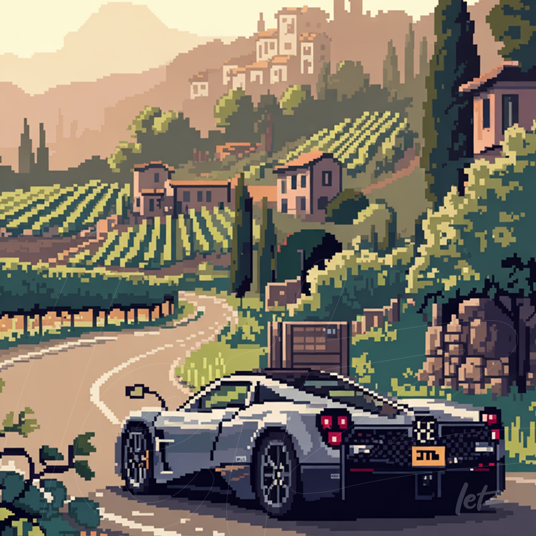 pixel art illustration of a sports car parked on a rural road with vineyards and hills in the background