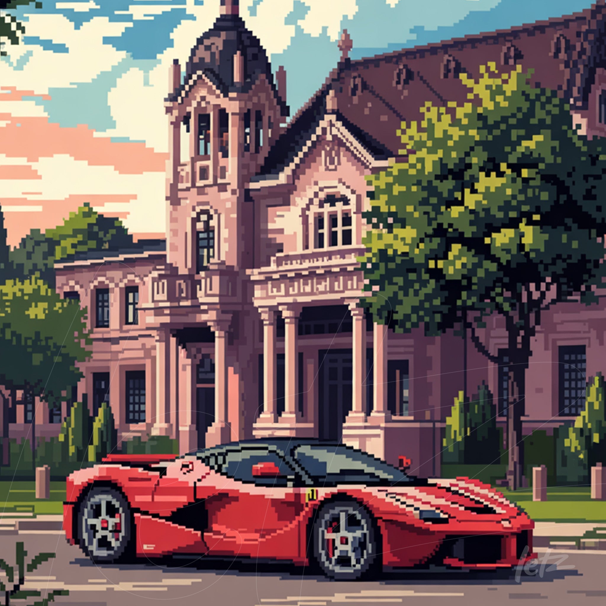 pixel art of a red sports car in front of a large classical building, surrounded by green trees