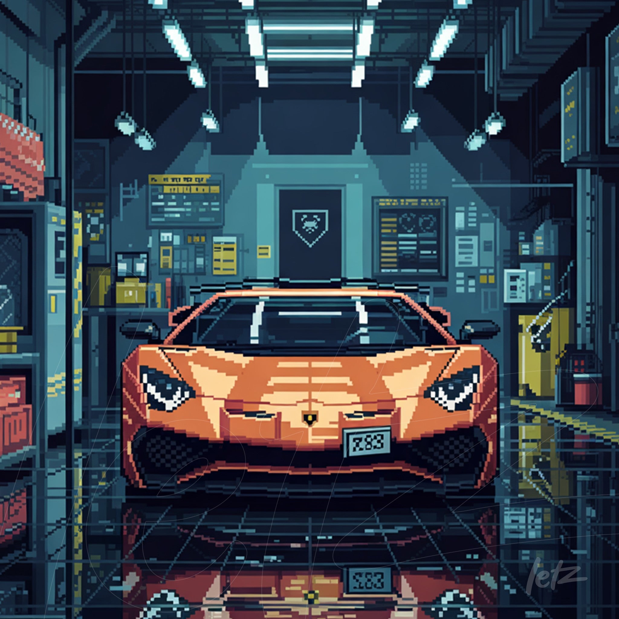 pixel art of an orange sports car in a modern garage with reflective flooring