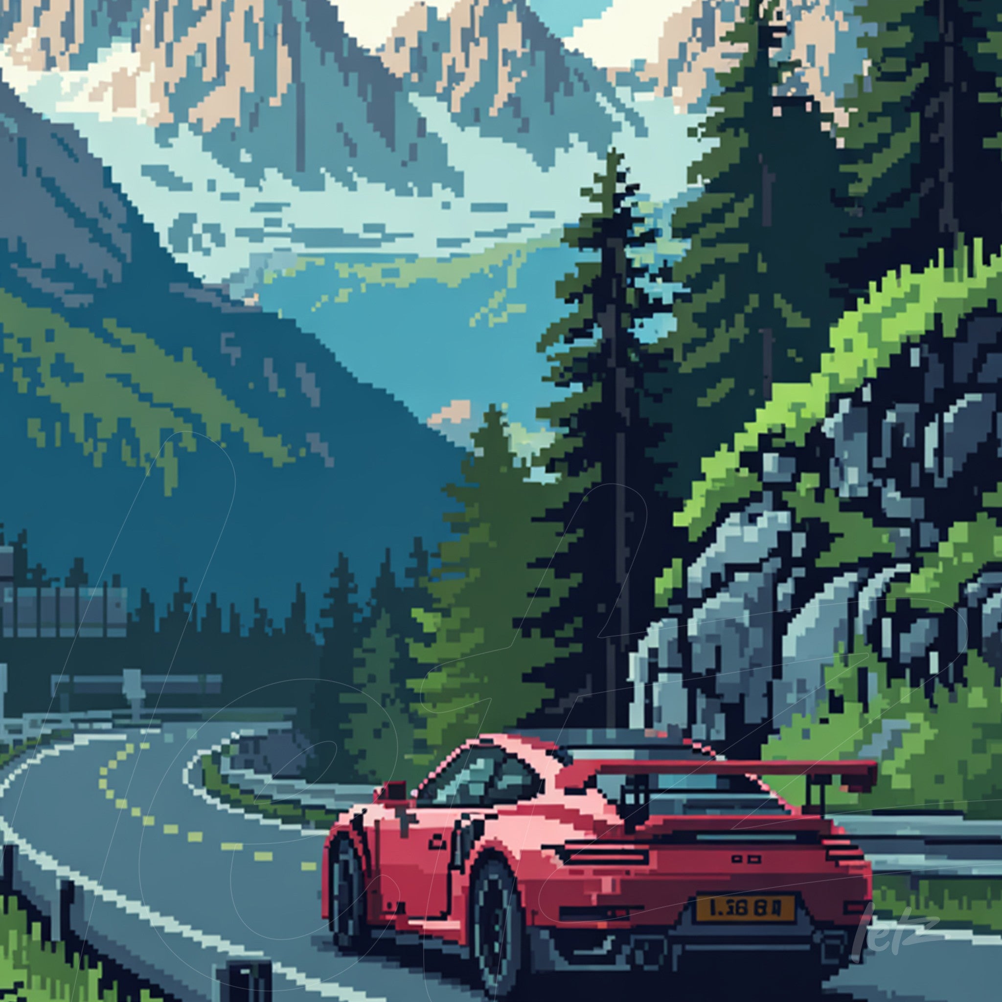 pixel art style illustration of a red sports car on a winding road surrounded by mountains and green trees