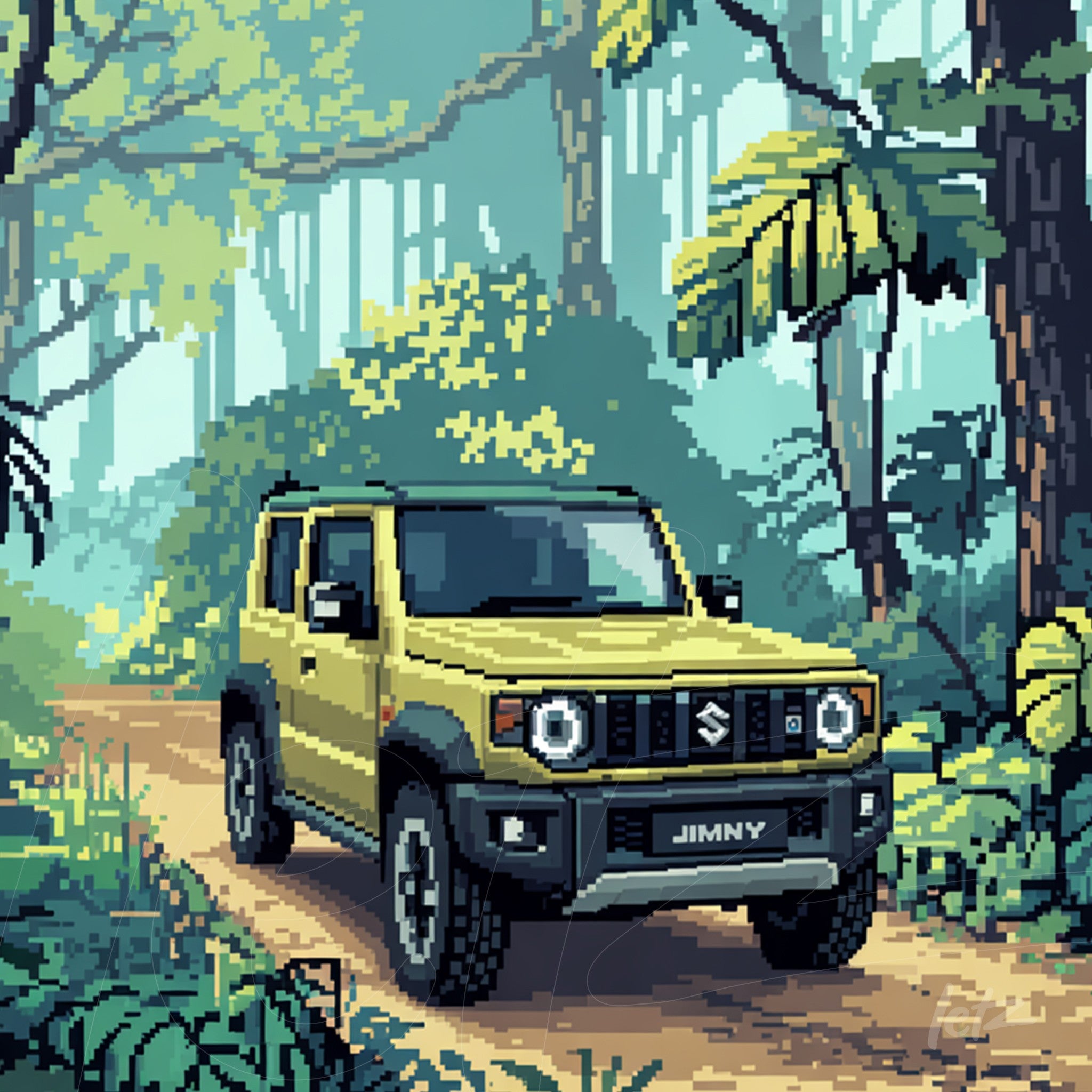 pixel art of a yellow Suzuki Jimny driving on a forest road