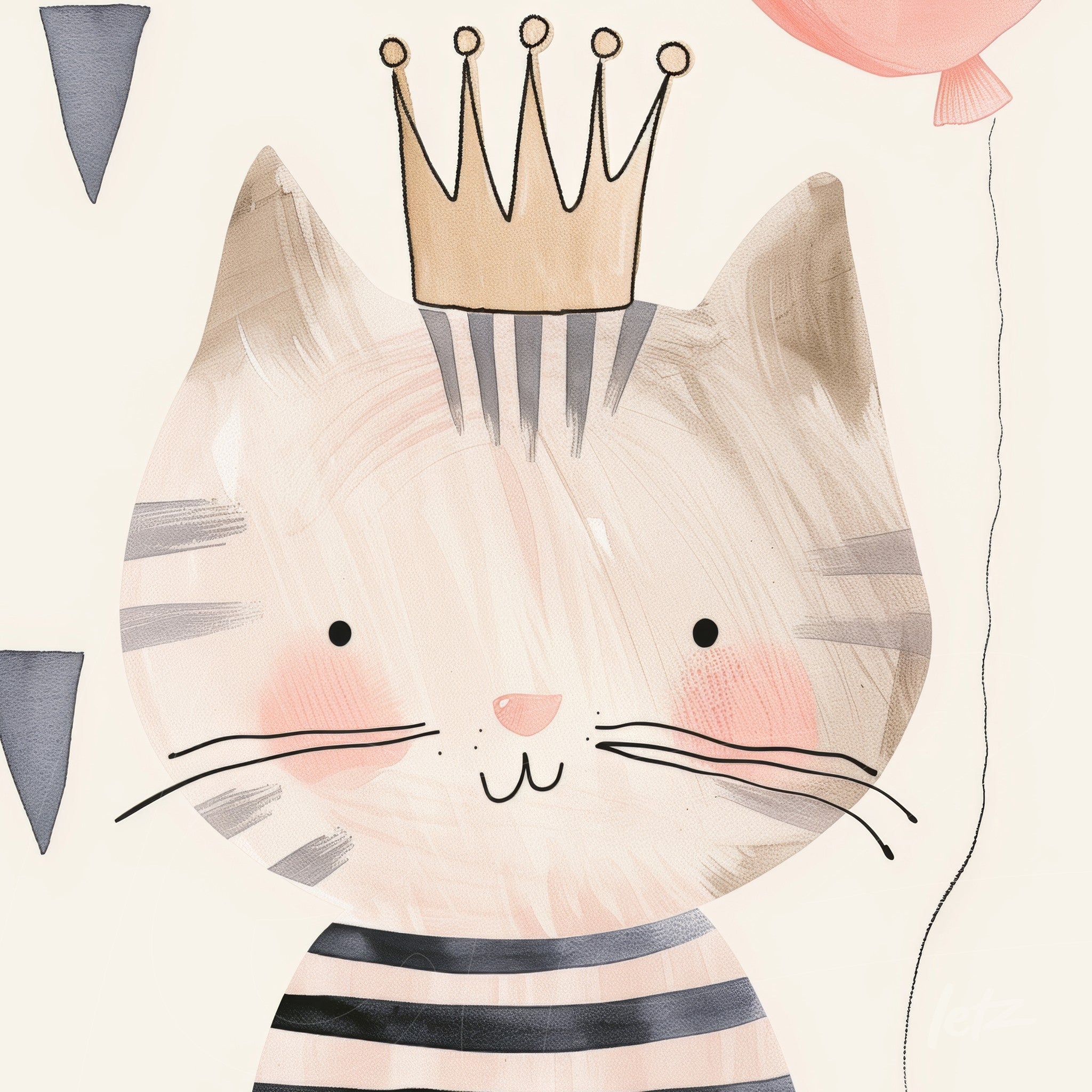 illustration of a striped cat with a crown and balloon on a light background