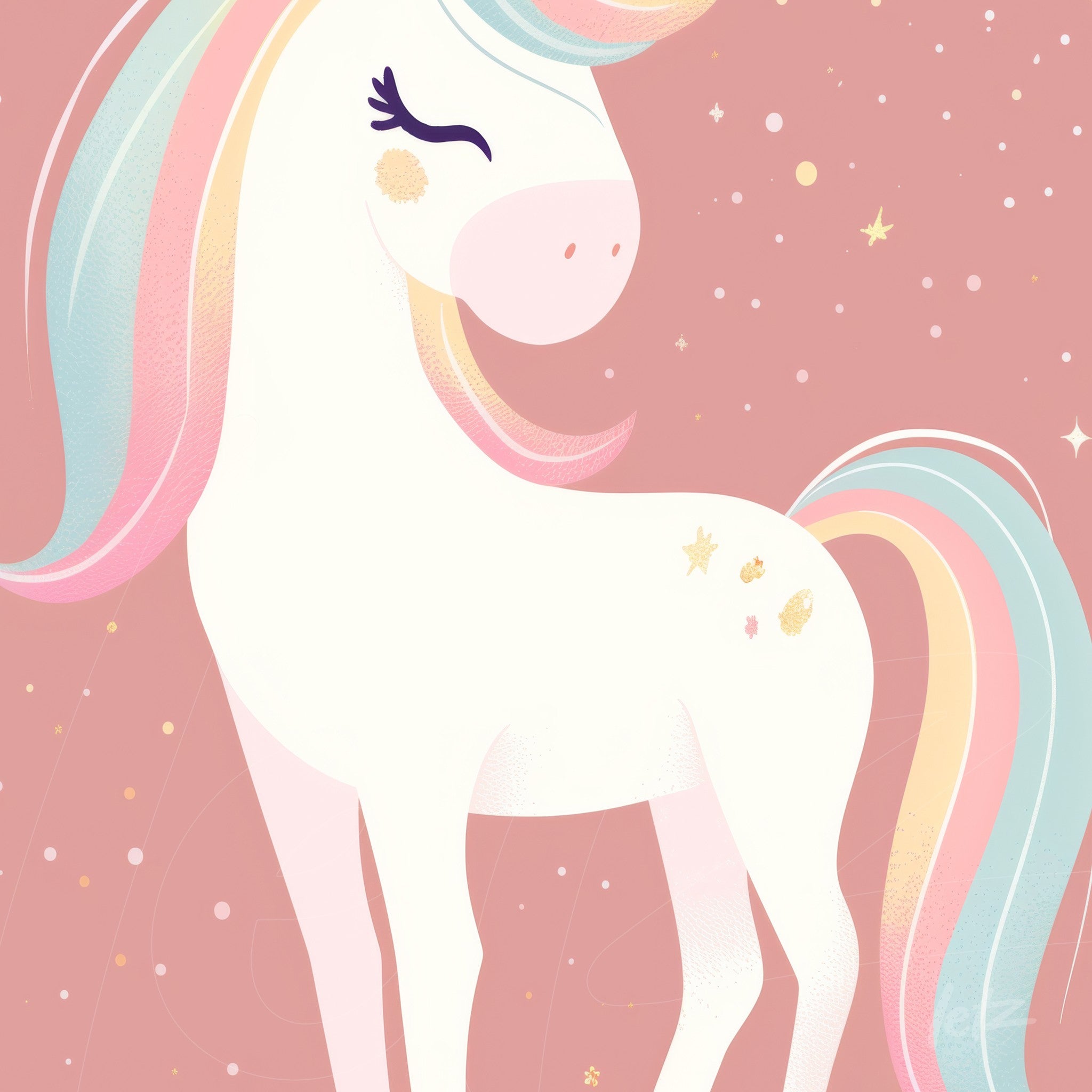 framed wall art featuring a white unicorn with colorful mane on a light pink background